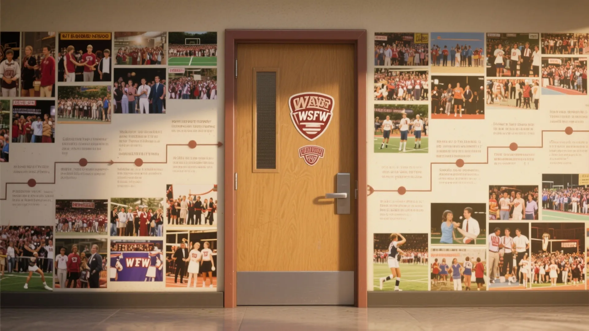 Homecoming door featuring timeline of printed photos from school events