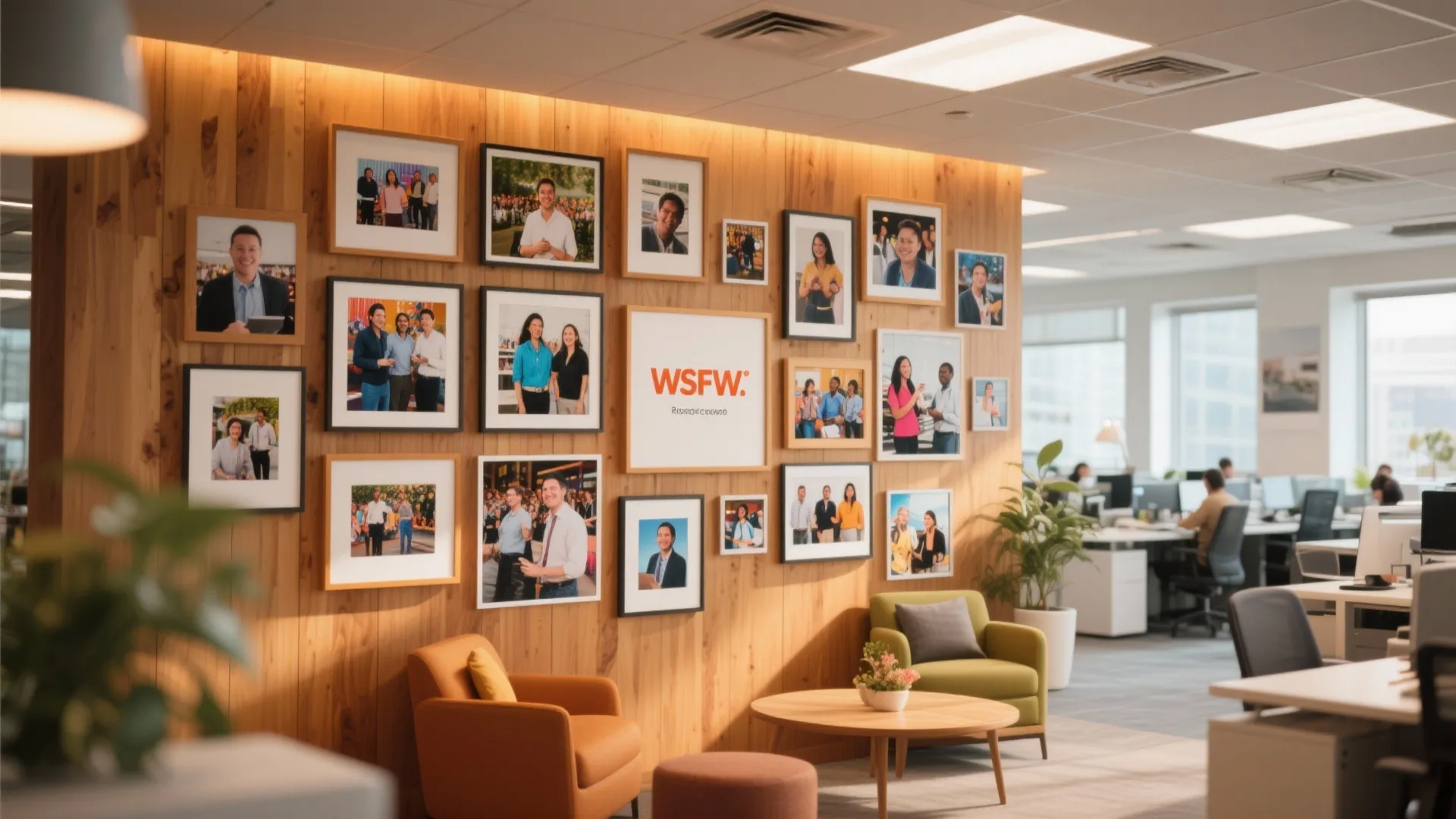 Office lounge area with wood wall panel displaying framed team photos and comfortable modern chairs