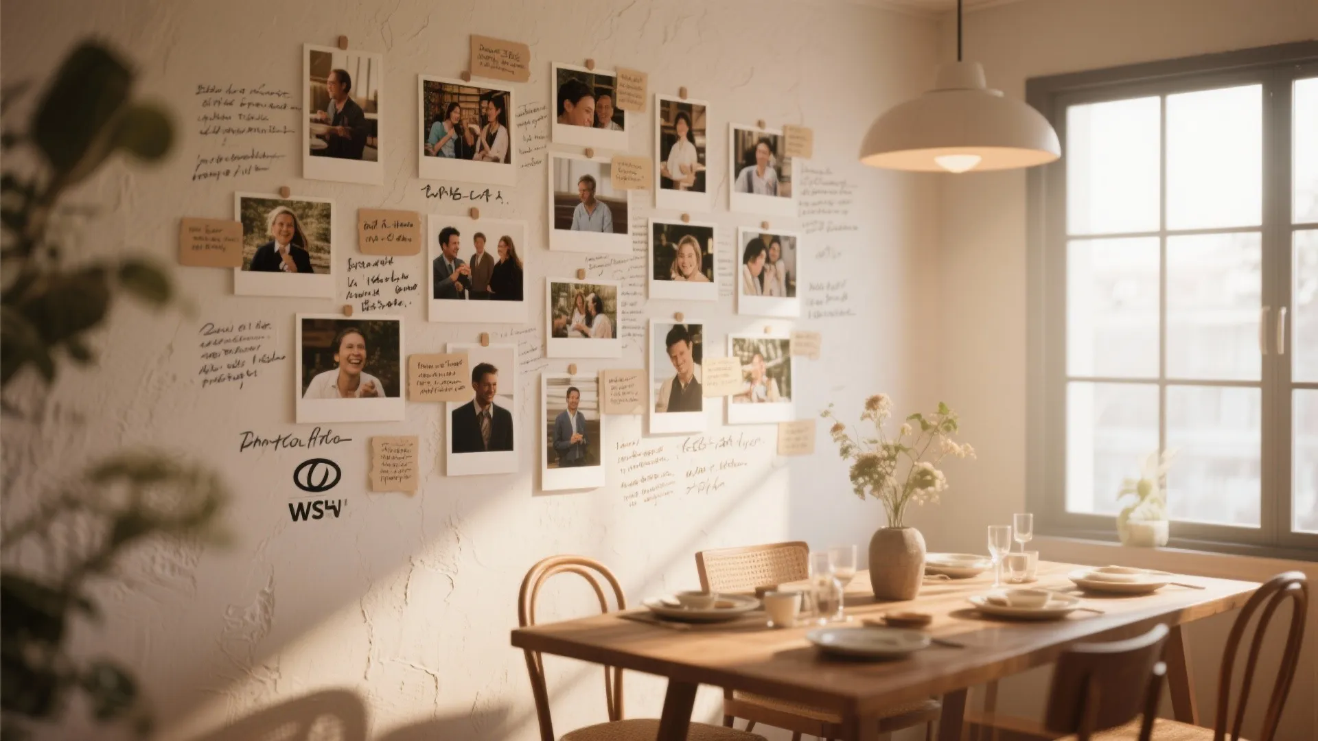 Dining area with wooden table and wall decorated with many small photos and hand notes