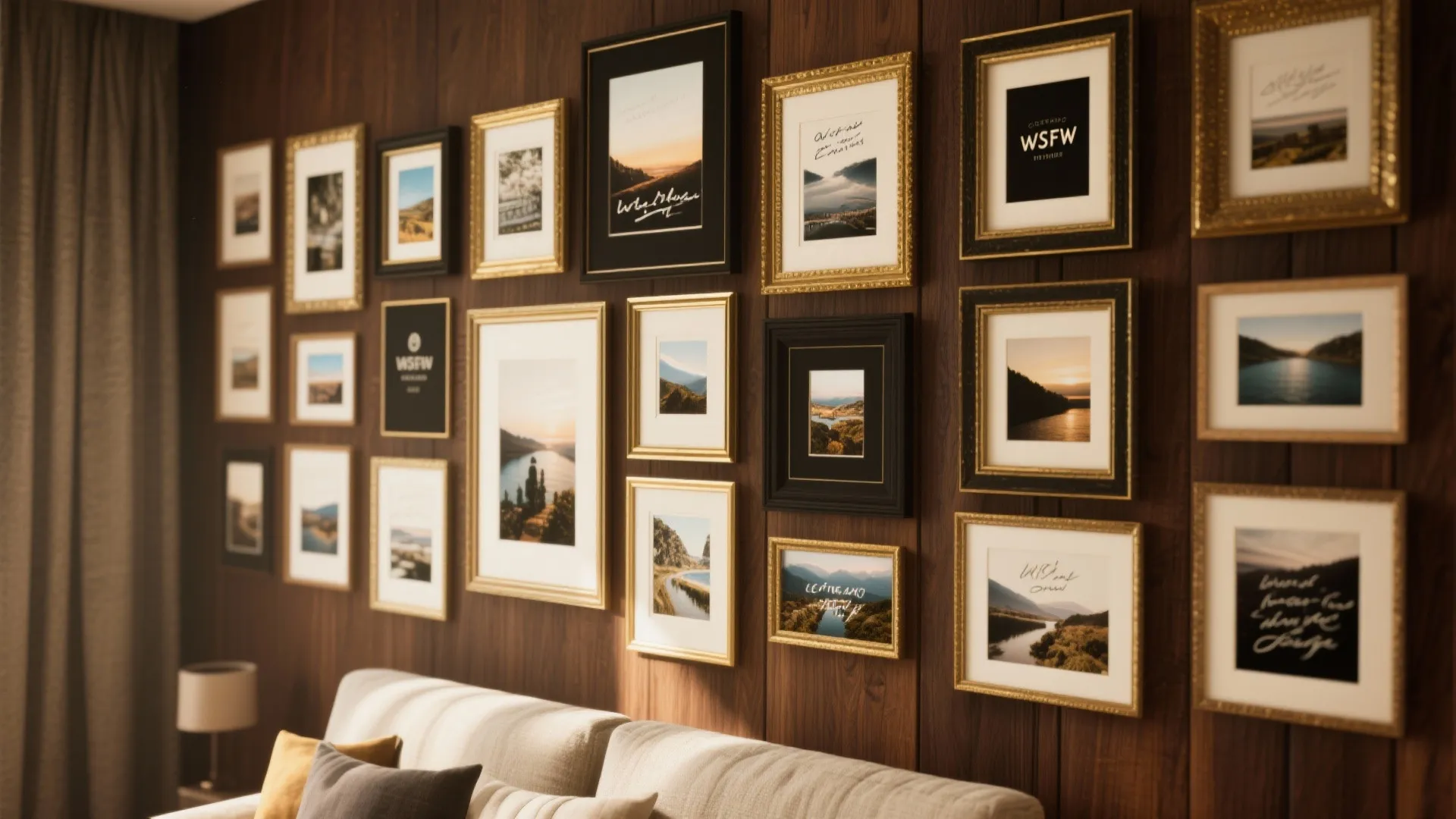 Gallery wall with various framed landscape photos and art prints on a dark wood panel