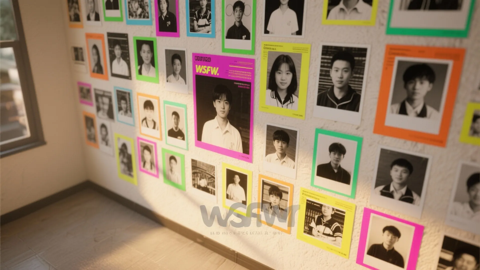 Interior wall covered with many small black and white photos in bright colored square frames