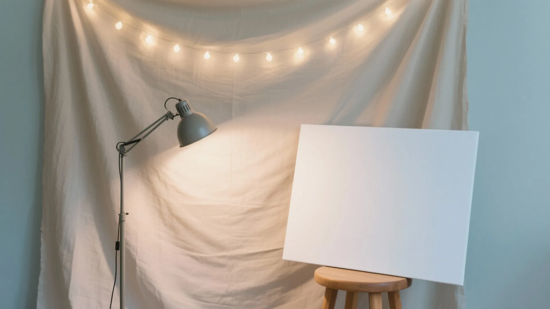 4) Warm Lighting + Photo Corner (string lights, fabric, soft shadows)