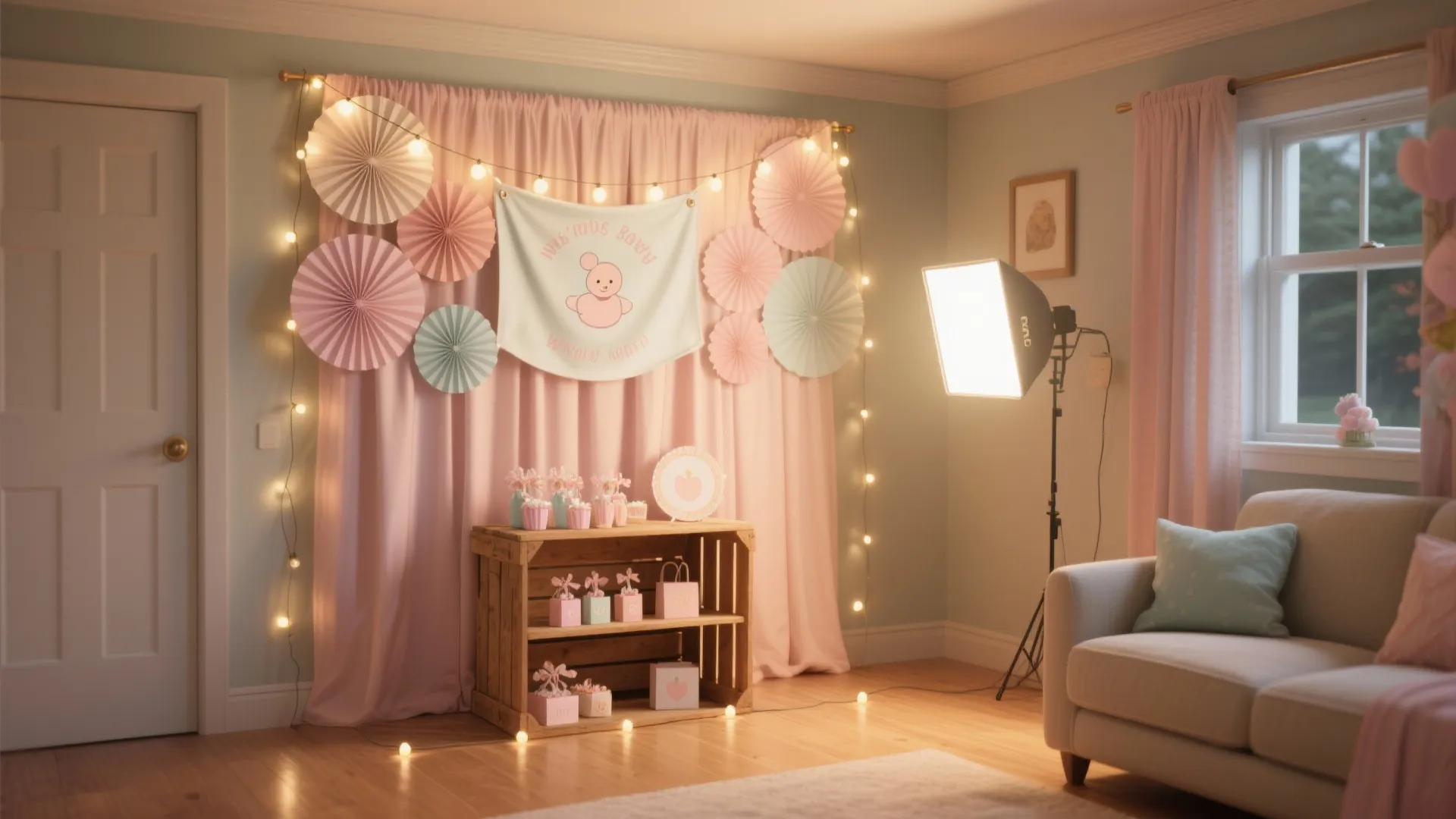 Indoor party setup with pink curtain paper fans string lights wooden cabinet sofa and studio light
