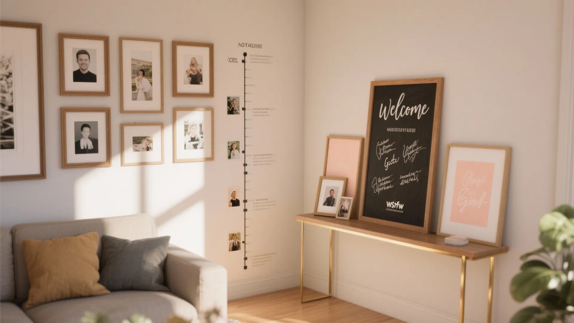 Photo Corner with Milestone Timeline and Hand-Lettered Boards