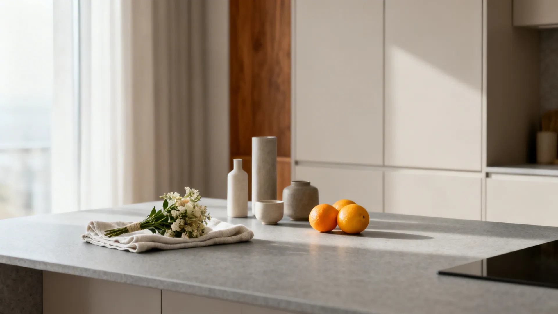 Macro vignette with greenery, citrus, and linen on a matte countertop in soft daylight.