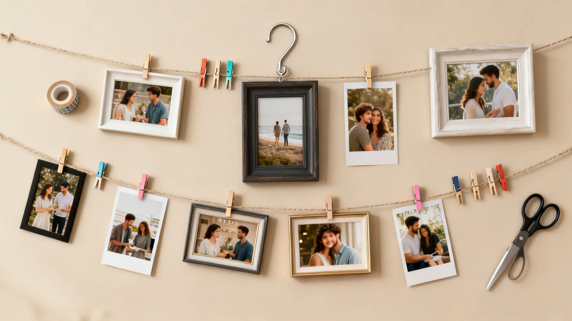 Flatlay of mixed framed photos and a clothesline photo display kit for a personalized gallery.