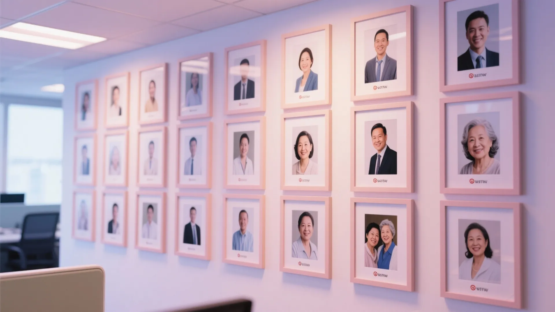 Office wall decorated with many framed employee portraits in pink frames arranged in neat rows