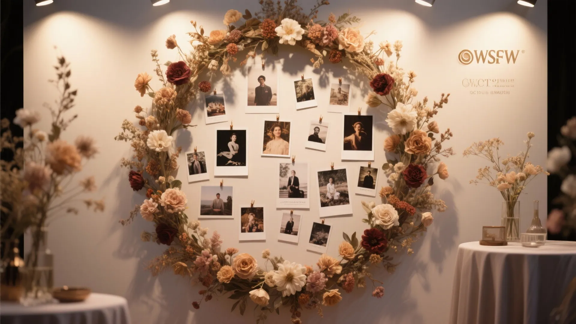 Large circular floral wreath on a wall surrounding several small black and white portrait photos