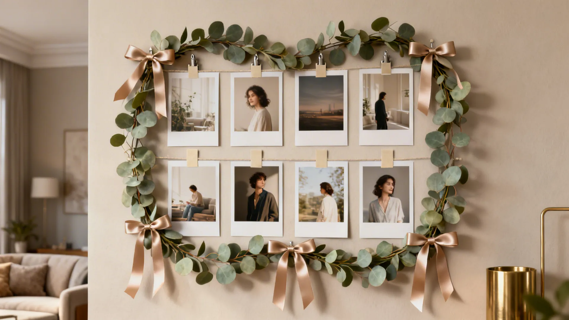 Grid of printed photos framed by eucalyptus garland and satin ribbon for an anniversary wall feature.