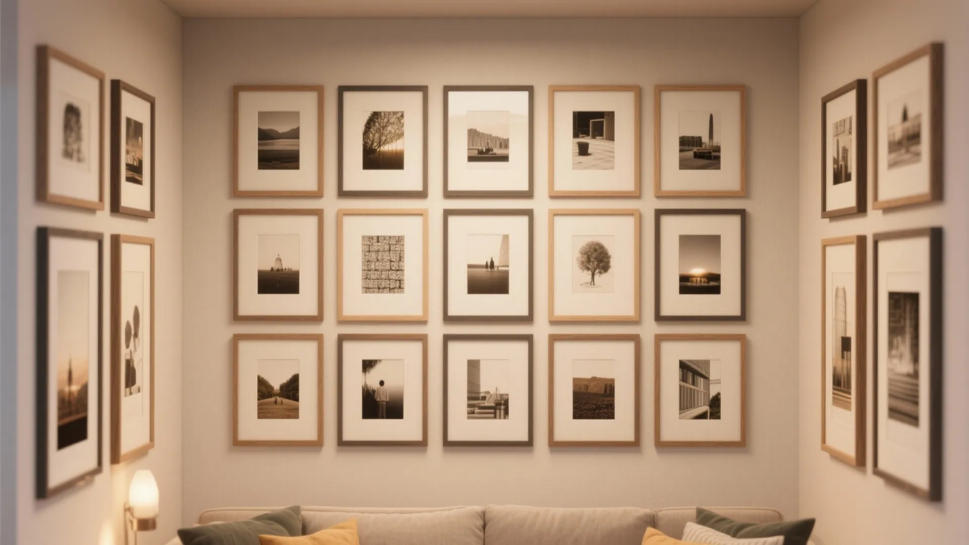 Wall gallery featuring many framed pictures in a grid above a sofa with soft ambient lighting
