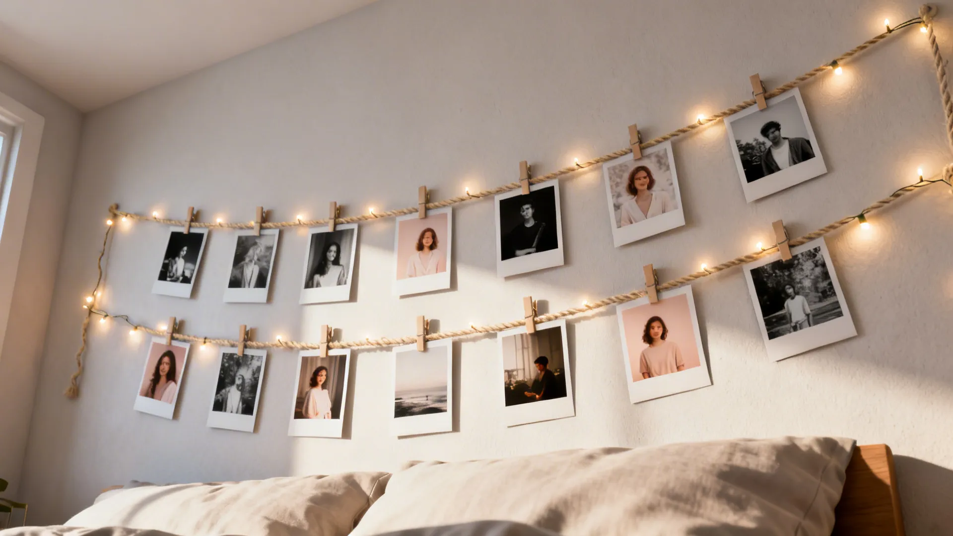 Instax-style photo garland with warm micro lights over a neutral bedscape on a small wall.