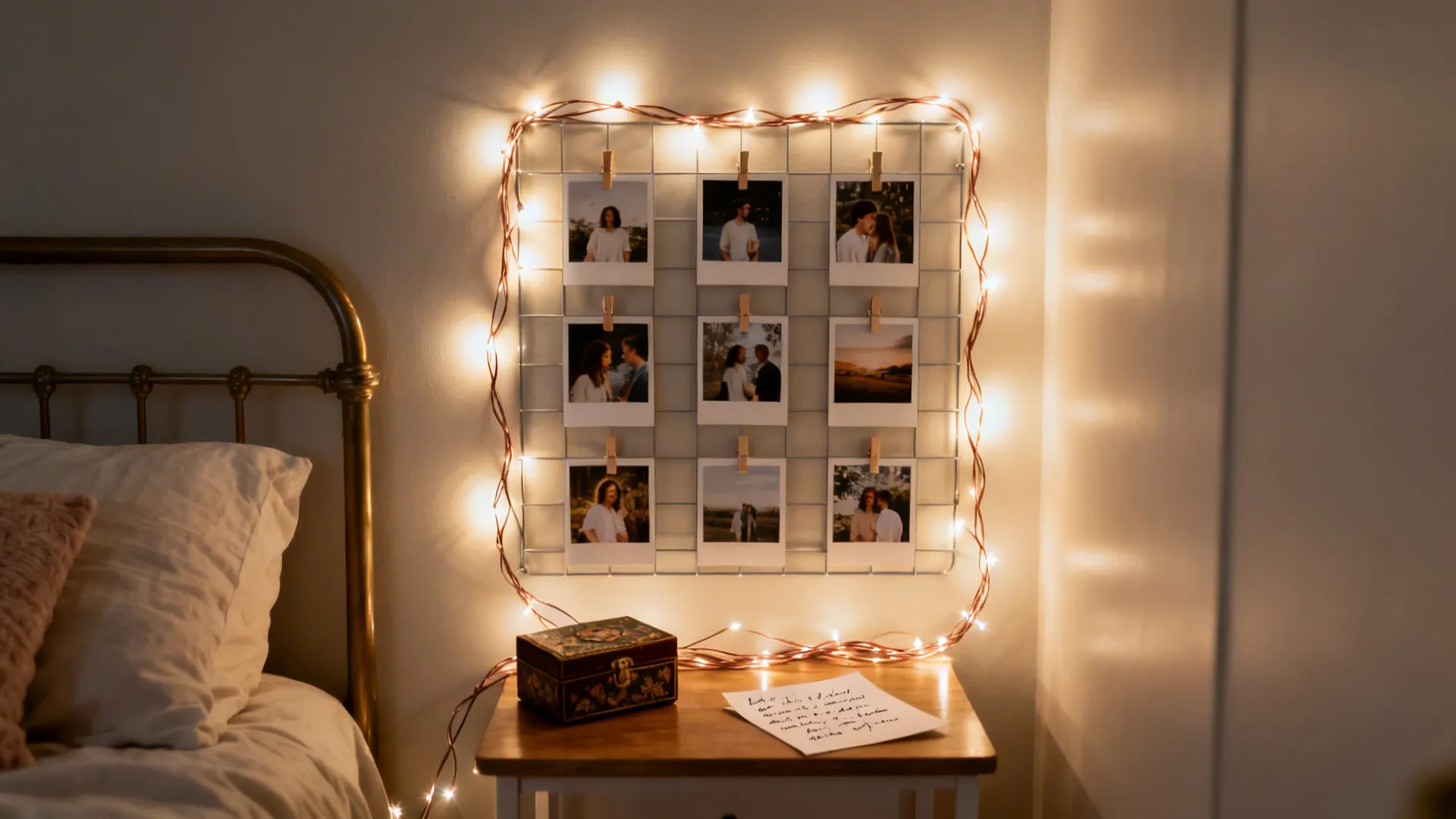 Bedroom wall with photo grid display surrounded by string lights above wooden nightstand and bed