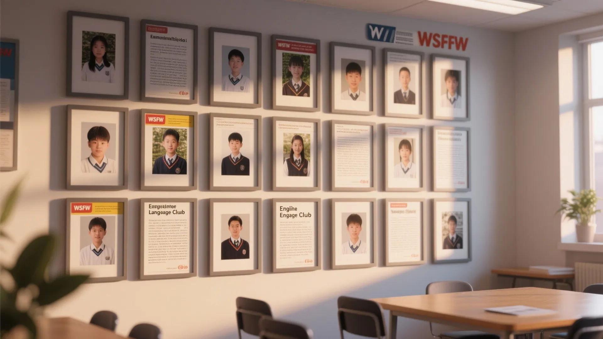 Modern classroom interior with framed student photos on wall wooden desk chairs and natural light