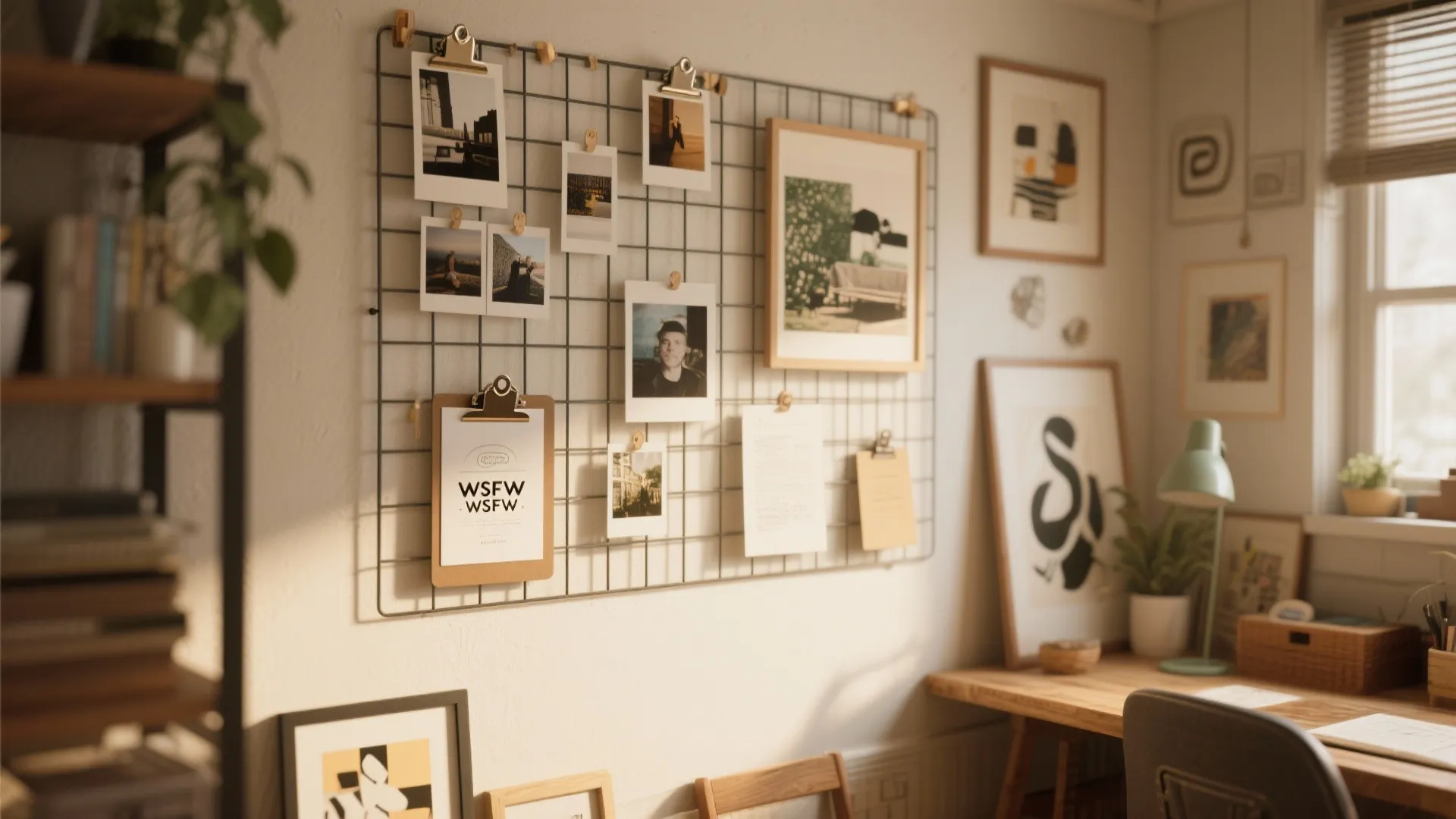 Wire grid with clipboards and various photos on a wall