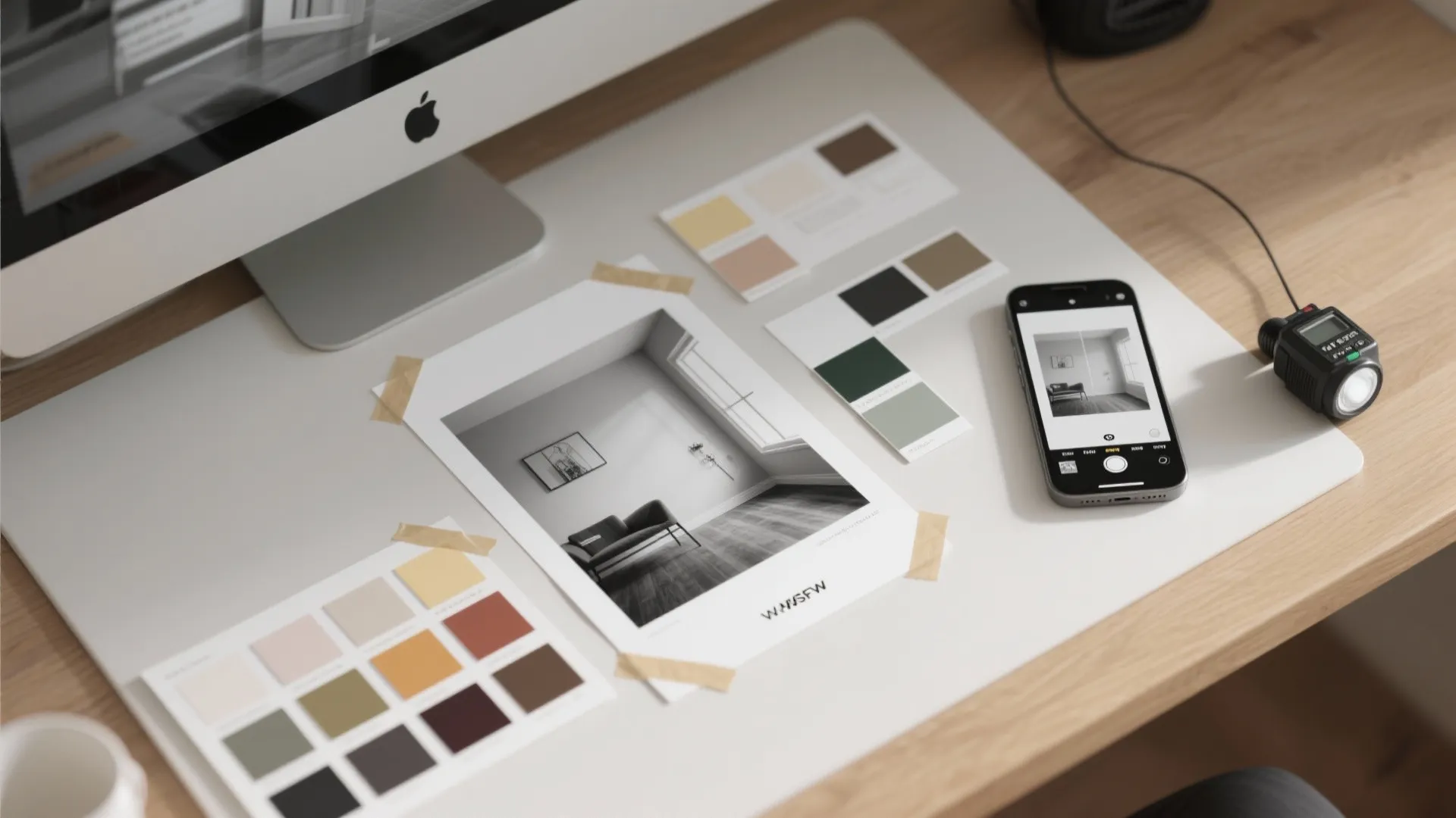 Workspace with computer monitor smartphone showing room photo color palette cards and interior design prints