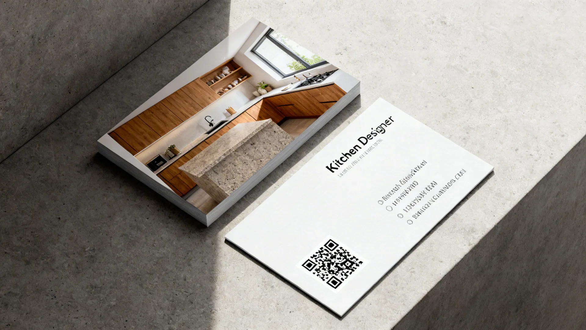 Business cards for a kitchen designer showing wood kitchen interior design drawing and contact code