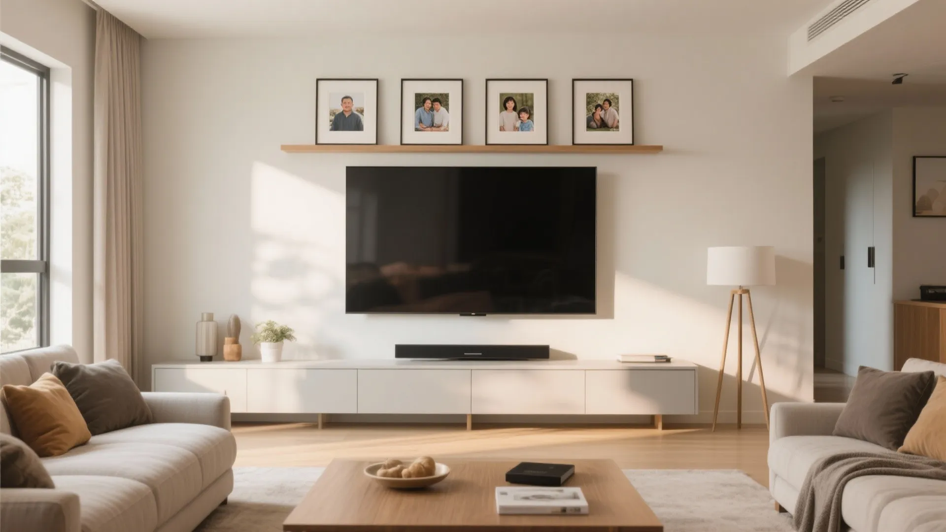 Slim photo ledge above TV with 4x6 framed family pictures