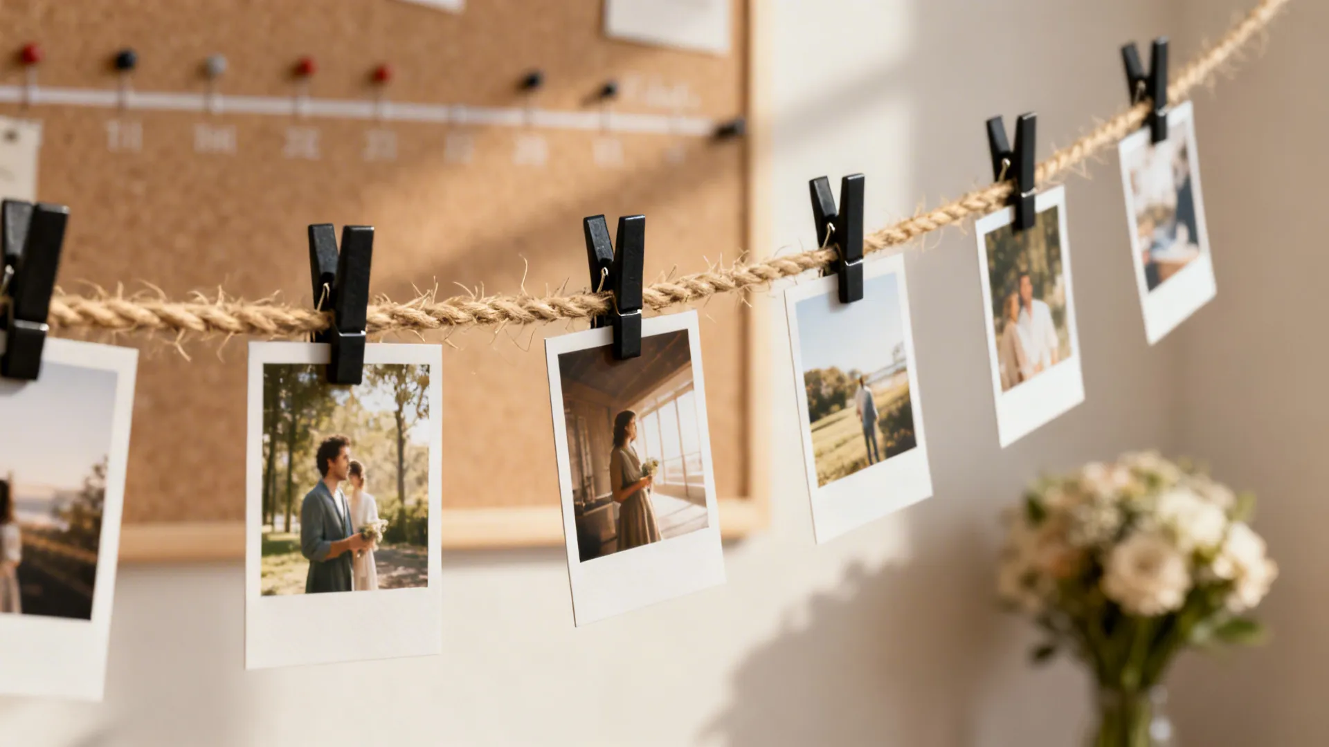 Close-up of jute string with clips holding small photos, with a soft-focus bouquet behind.