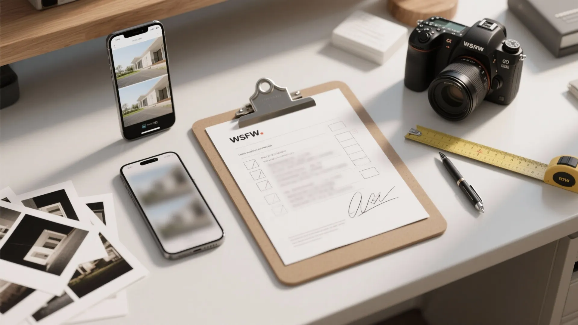 Work desk with signed checklist camera mobile phones measuring tape pen and house photos collection