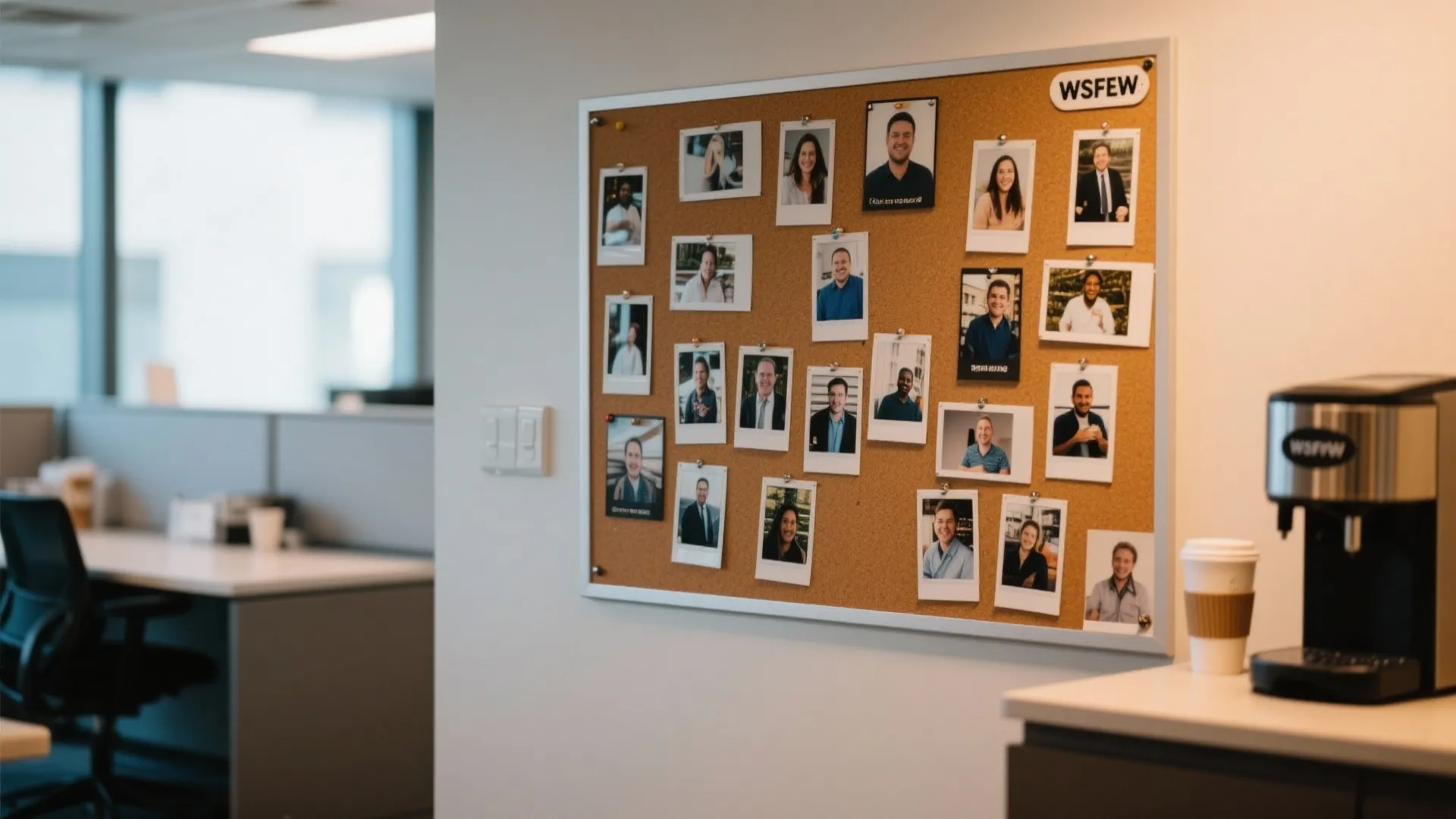 Bulletin board filled with team event photos near coffee station