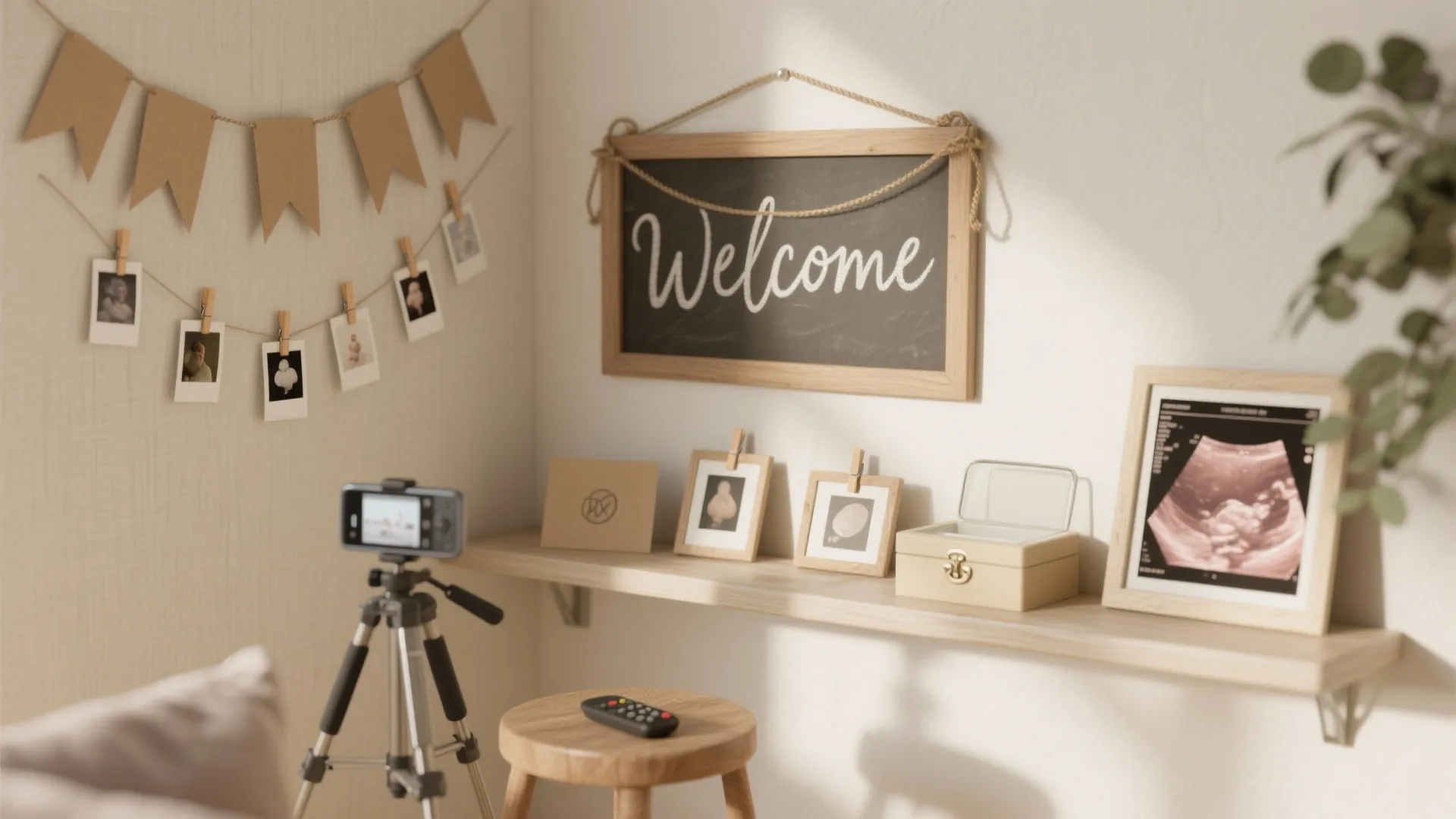 Small room corner with welcome blackboard hanging photos on string and camera on tripod for recording