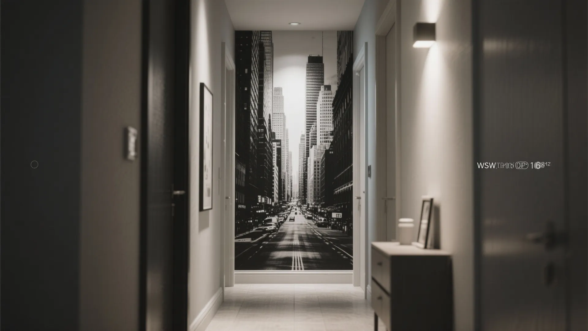 Narrow hallway with a black-and-white cityscape photo mural adding depth and travel-inspired drama.