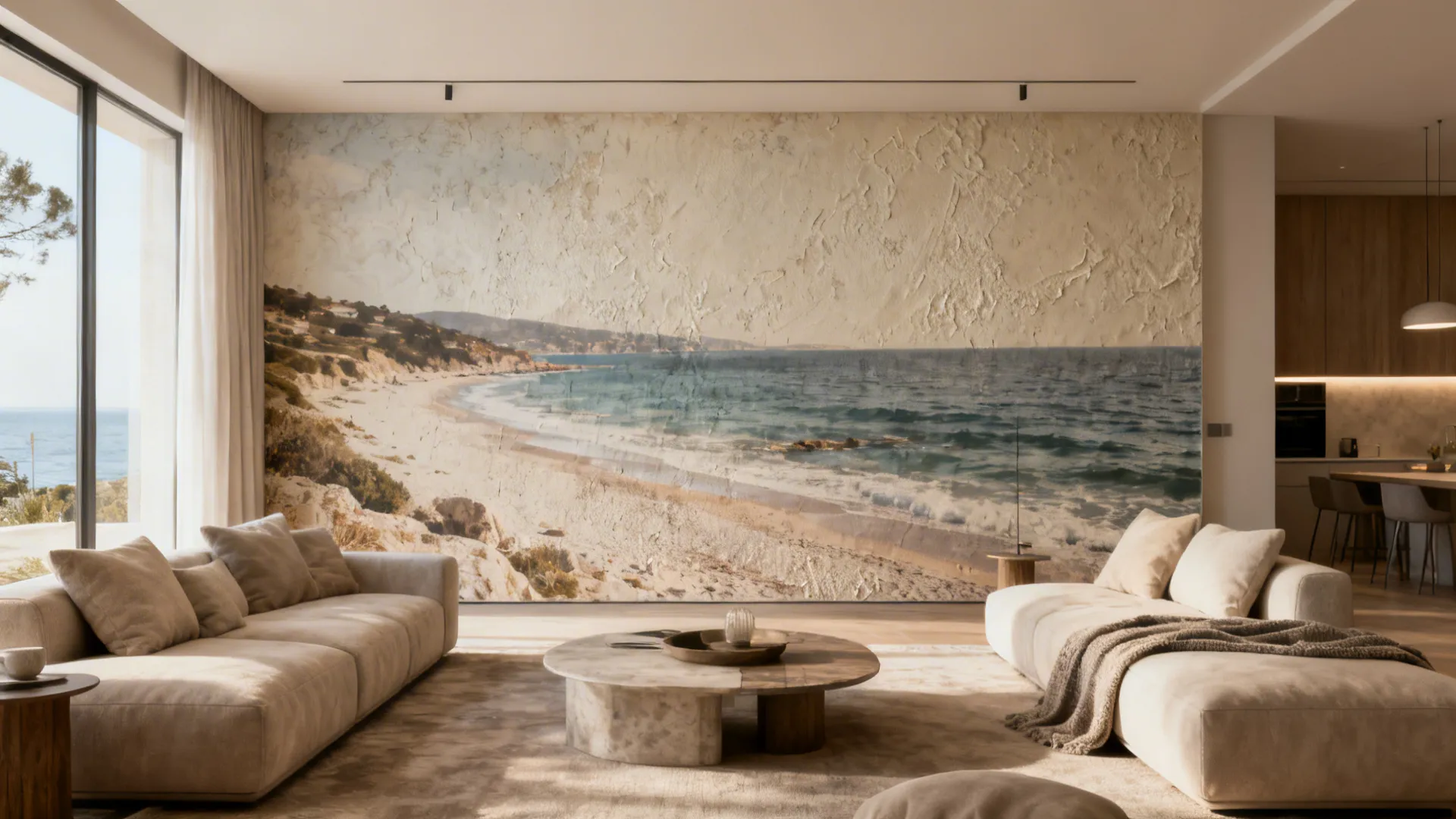 Open living room with a large seaside photo mural adding personal meaning and warmth.
