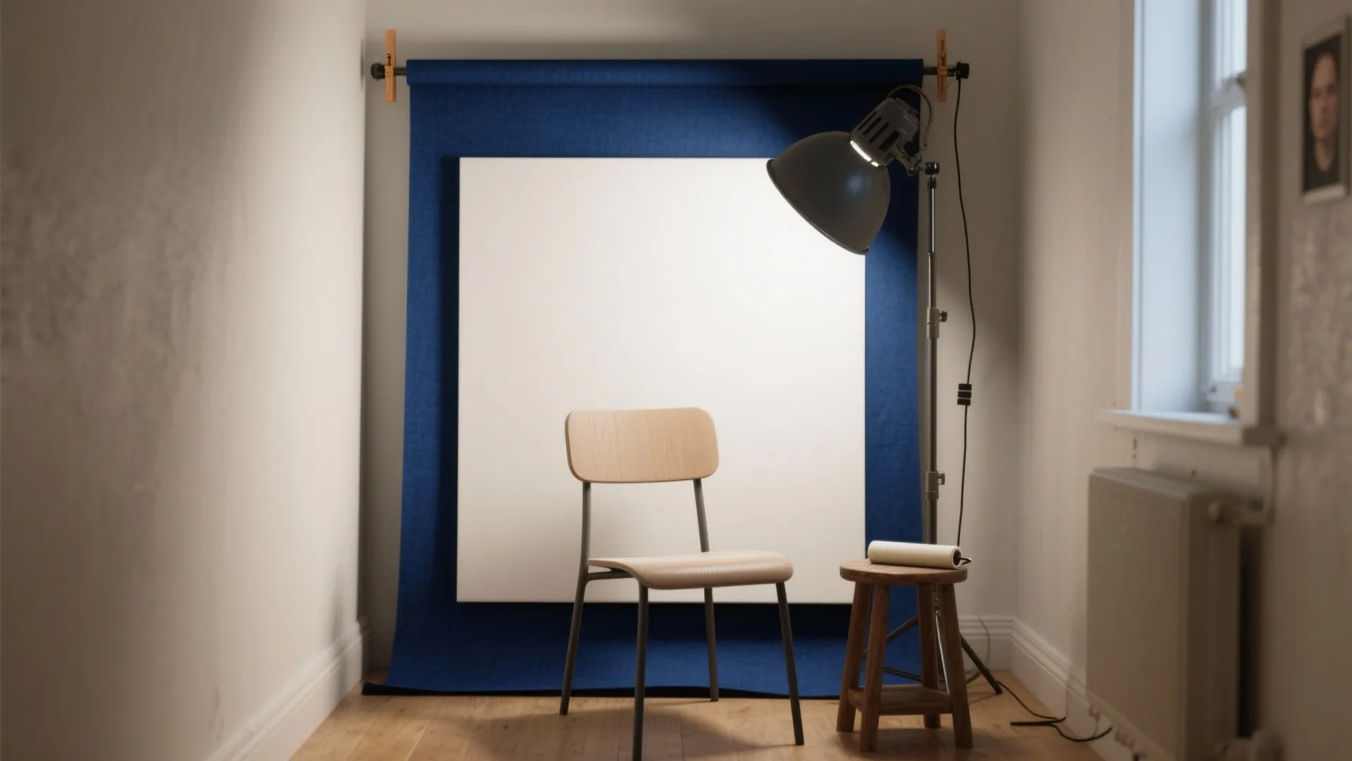 High-contrast photo nook with simple lighting