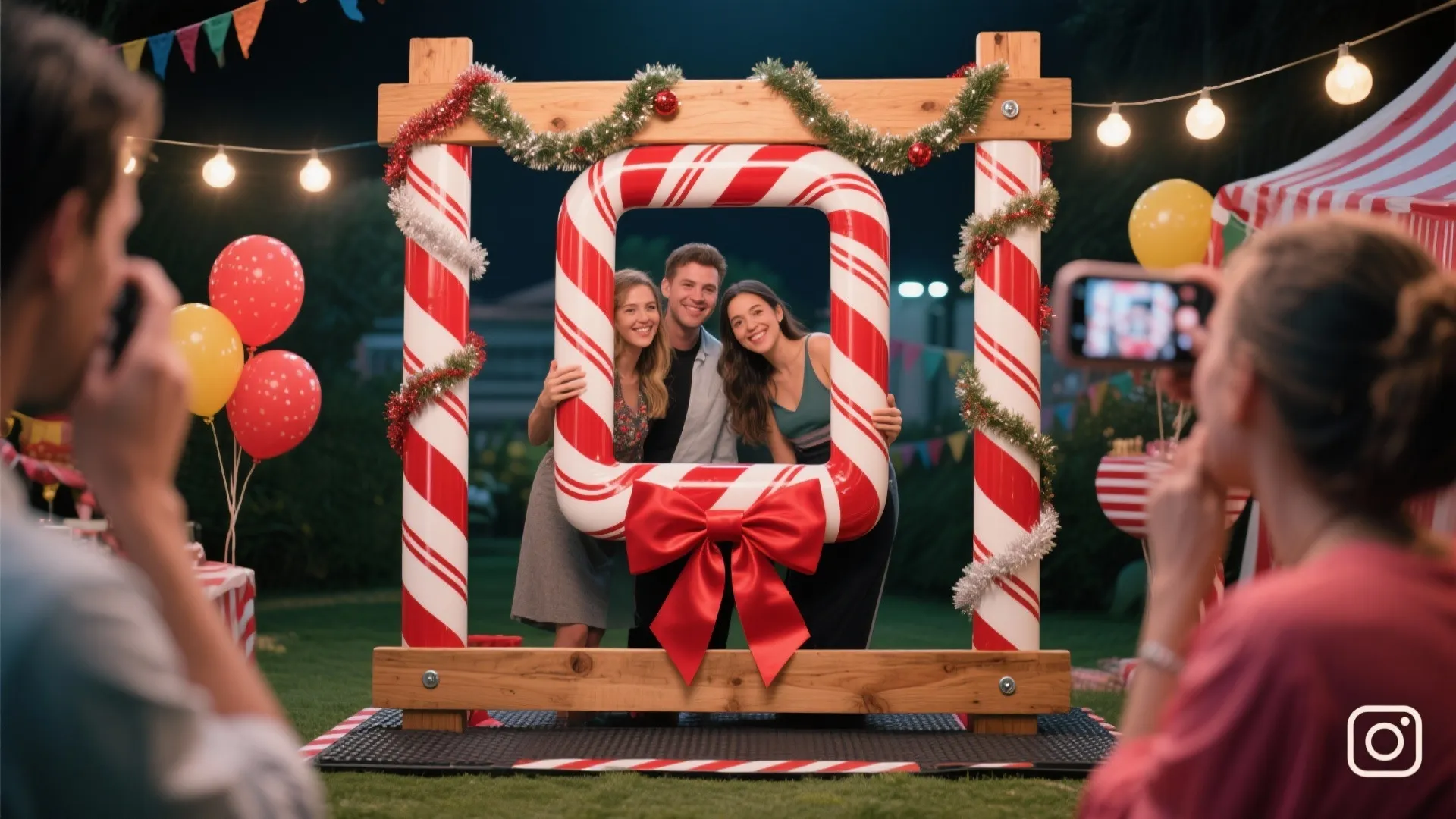 Three friends smiling inside a large candy cane themed photo frame at an outdoor party