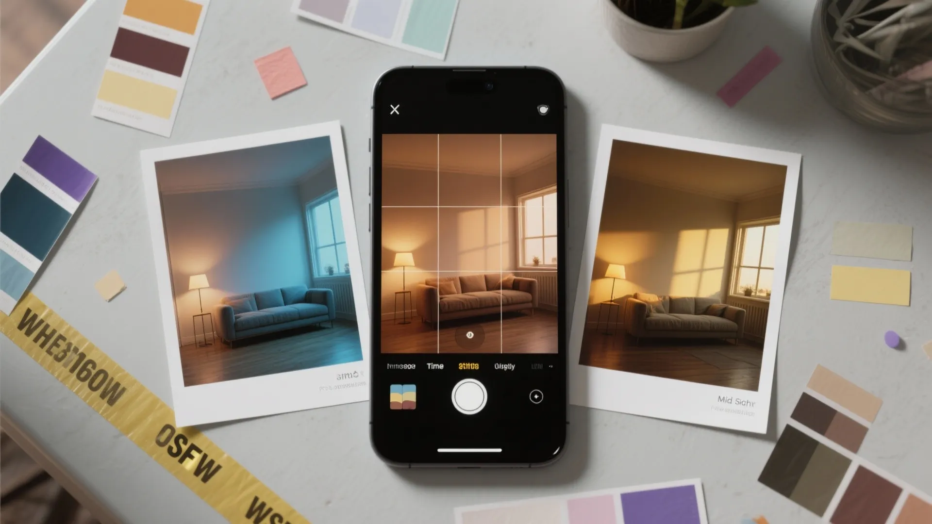 Smartphone app showing living room lighting effects with printed photos and color swatches on desk