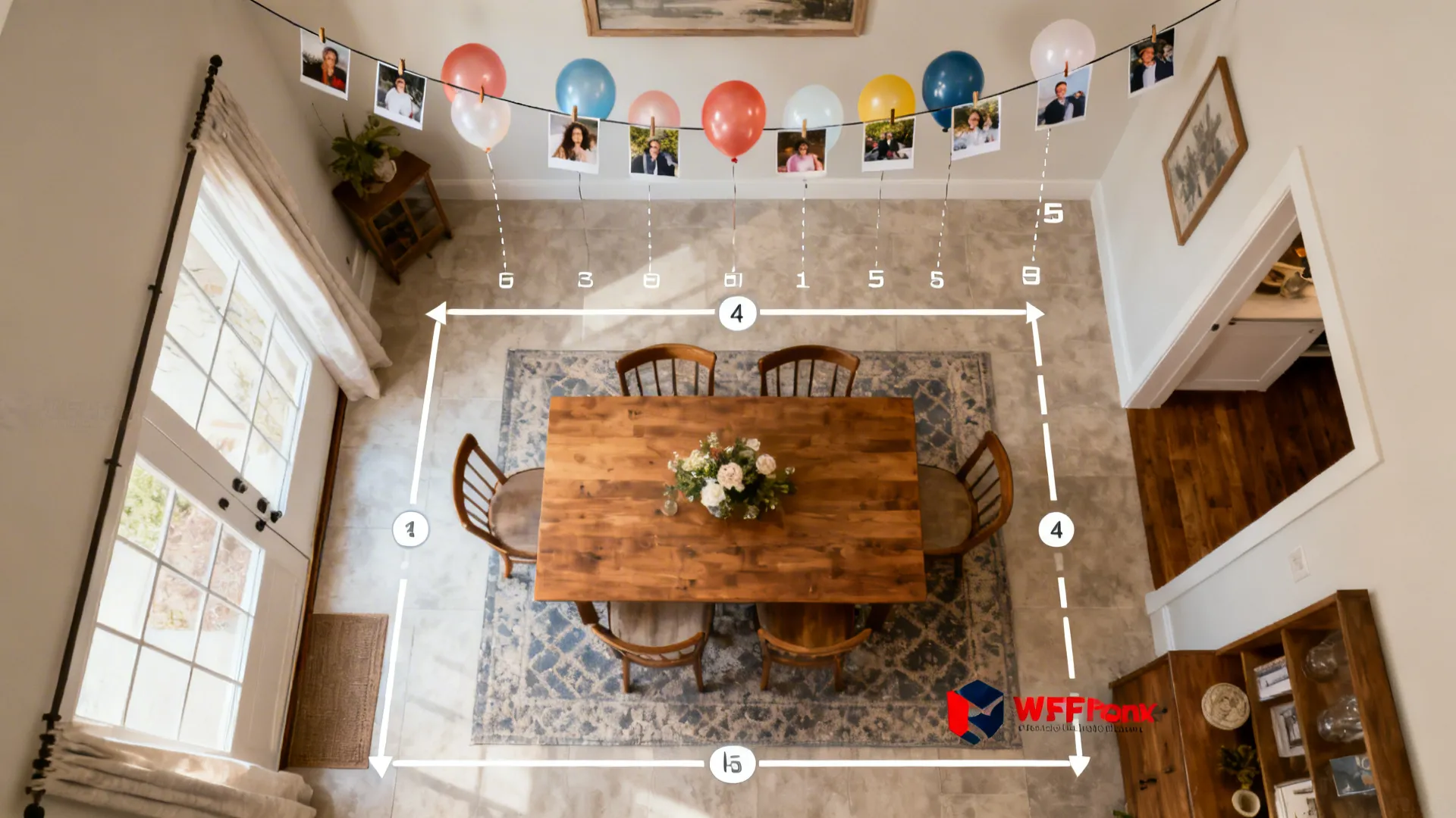 Top-down view of a wooden dining table with chairs and measurements on a blue rug