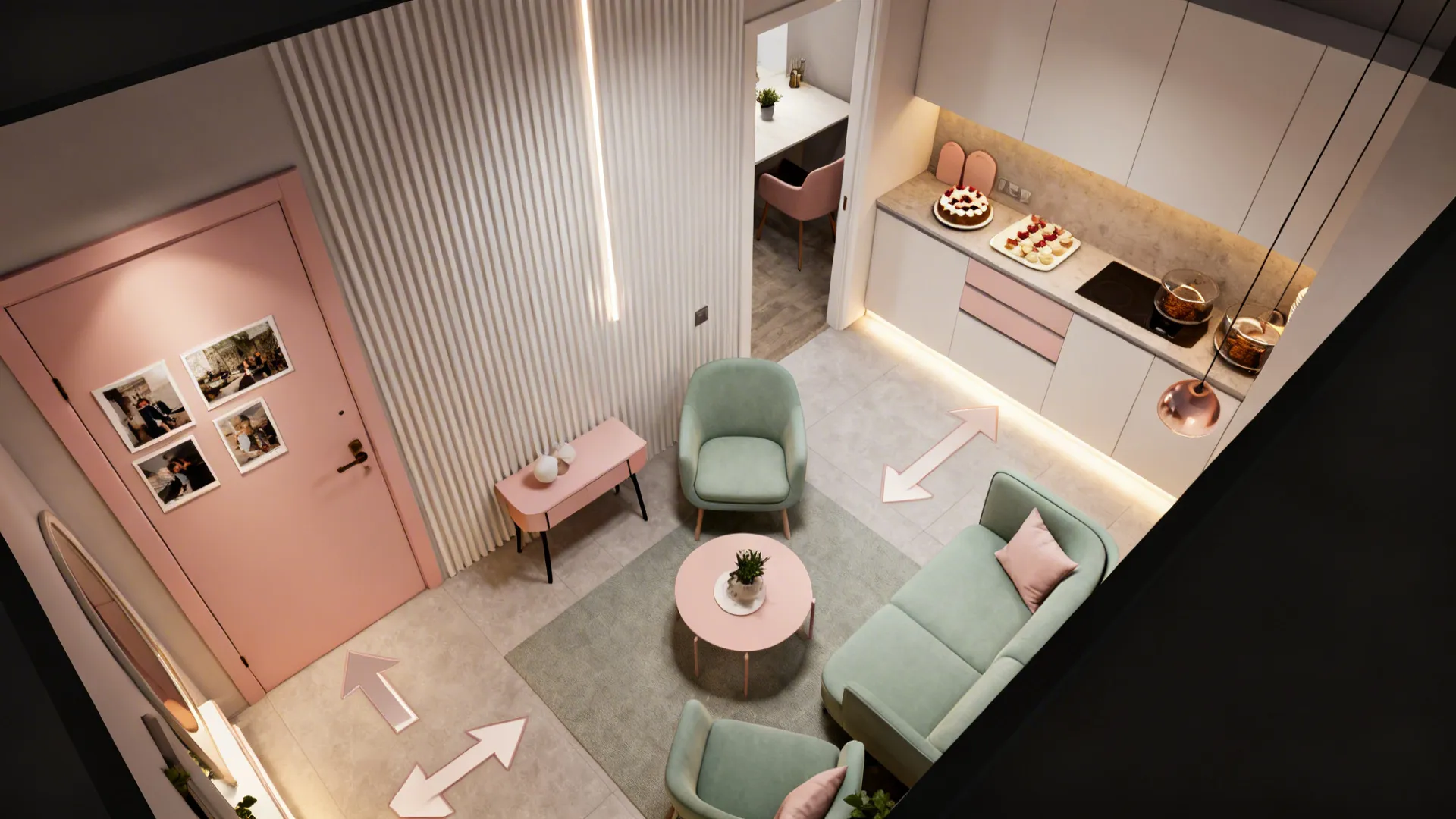 Top-down plan showing a photo path from the entry to a cozy reveal area with clear traffic flow.