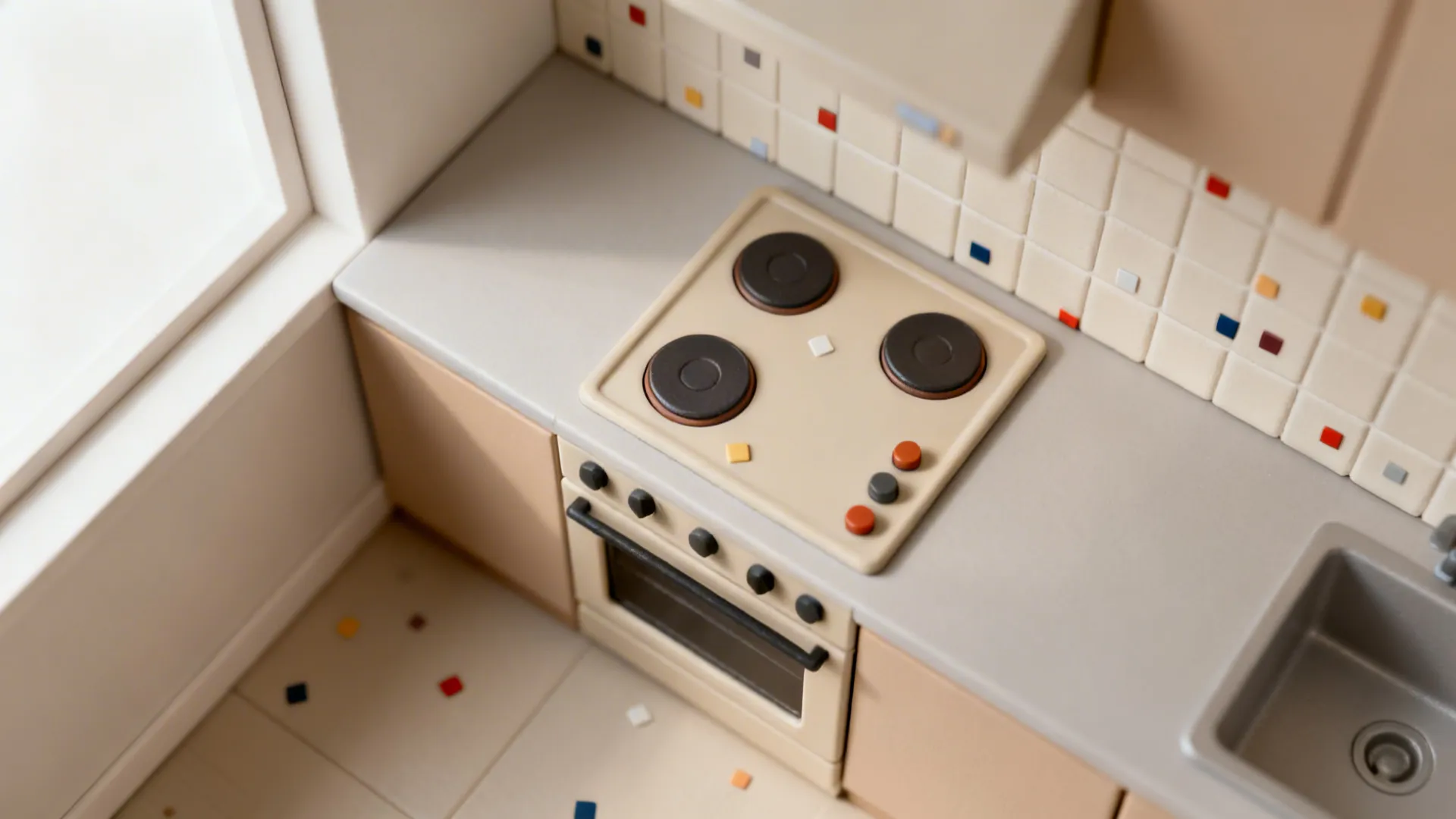 Top-down storyboard showing planned wide, close-up, macro, and floor detail shots for a compact kitchen.