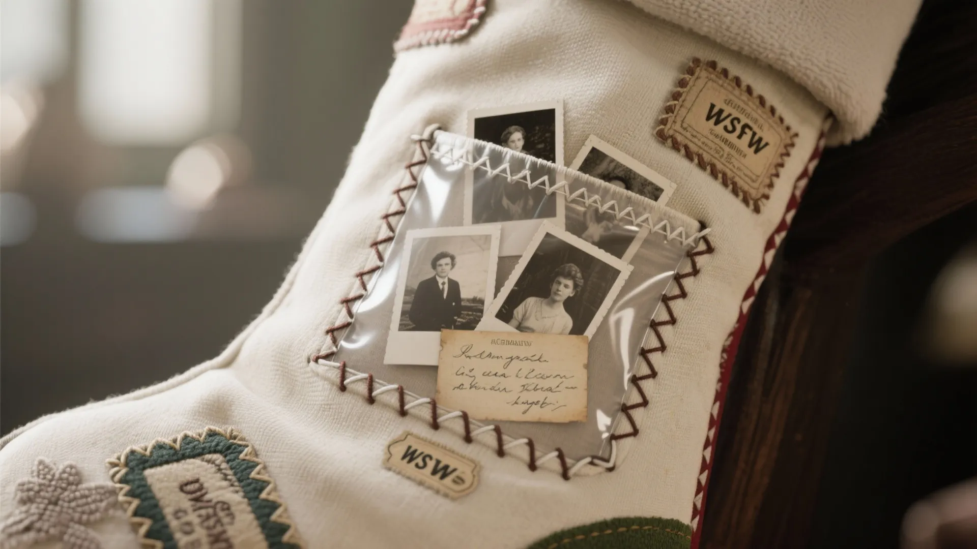 Close-up of a stocking with a clear sewn photo pocket holding printed photos and handwritten notes.