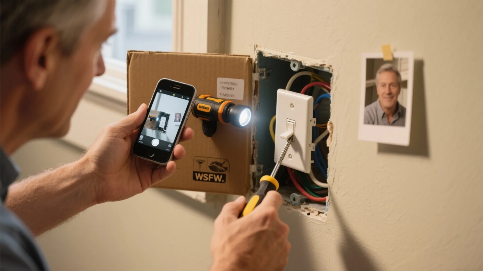 Man taking photo of light switch repair with smartphone while holding screwdriver in his hand