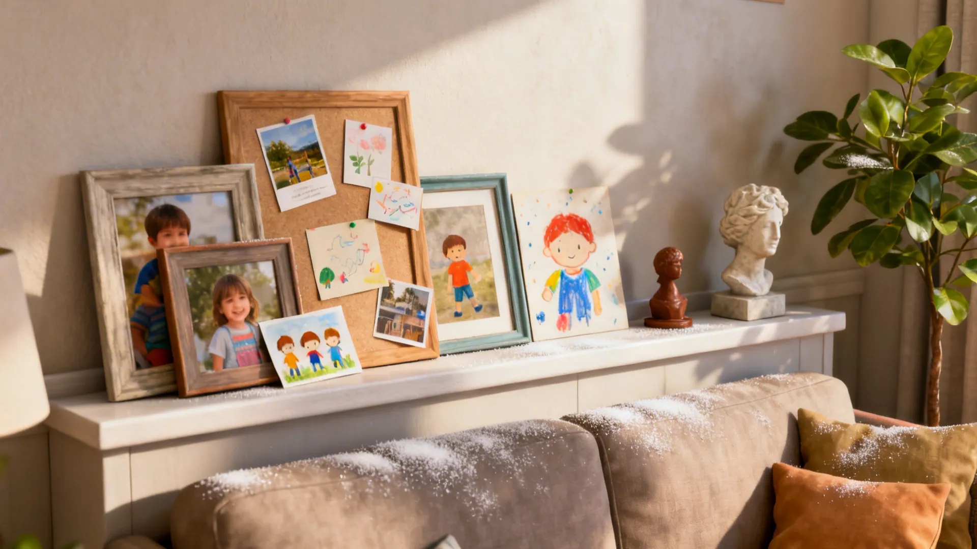 Picture ledge with layered frames, postcards, children's art and a small sculpture demonstrating renter-friendly, changeable displays.