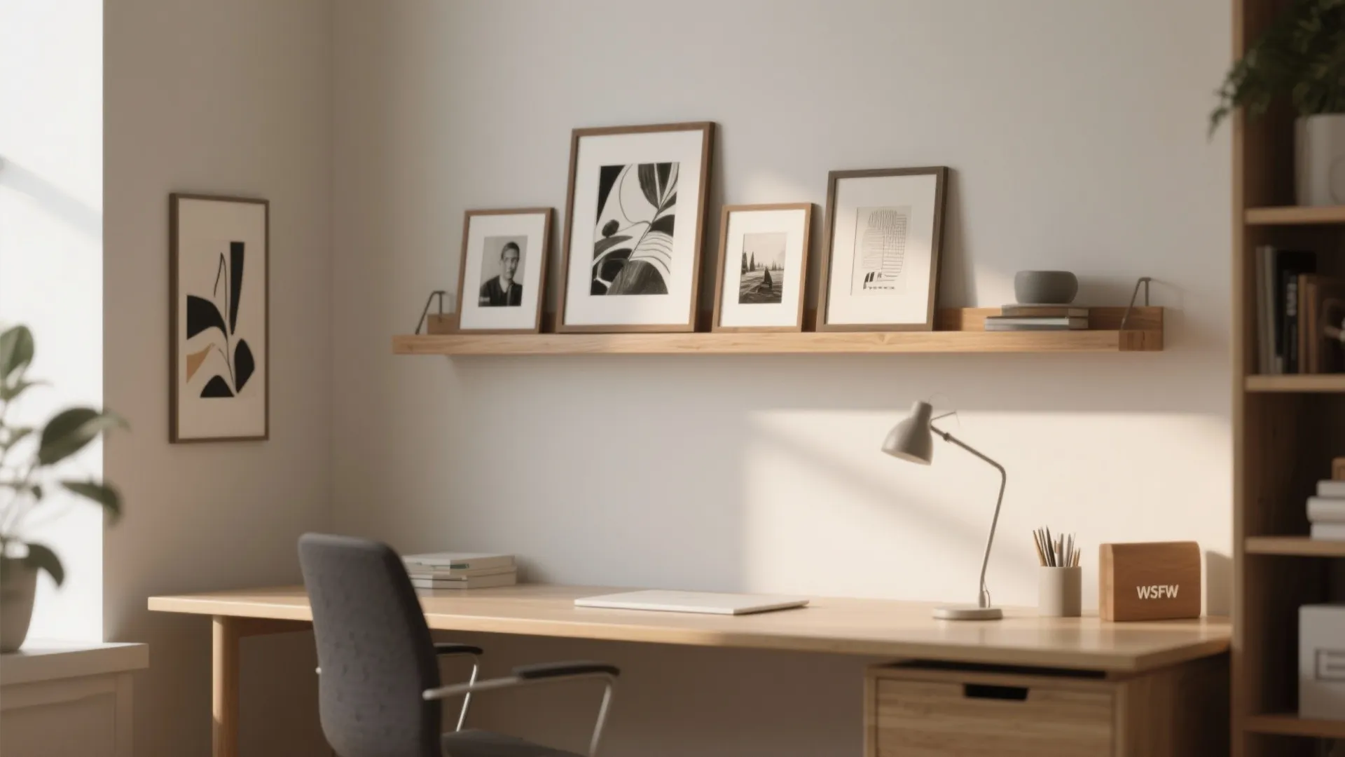 Minimalist wooden desk with laptop and chair below wall shelf holding several framed art pieces