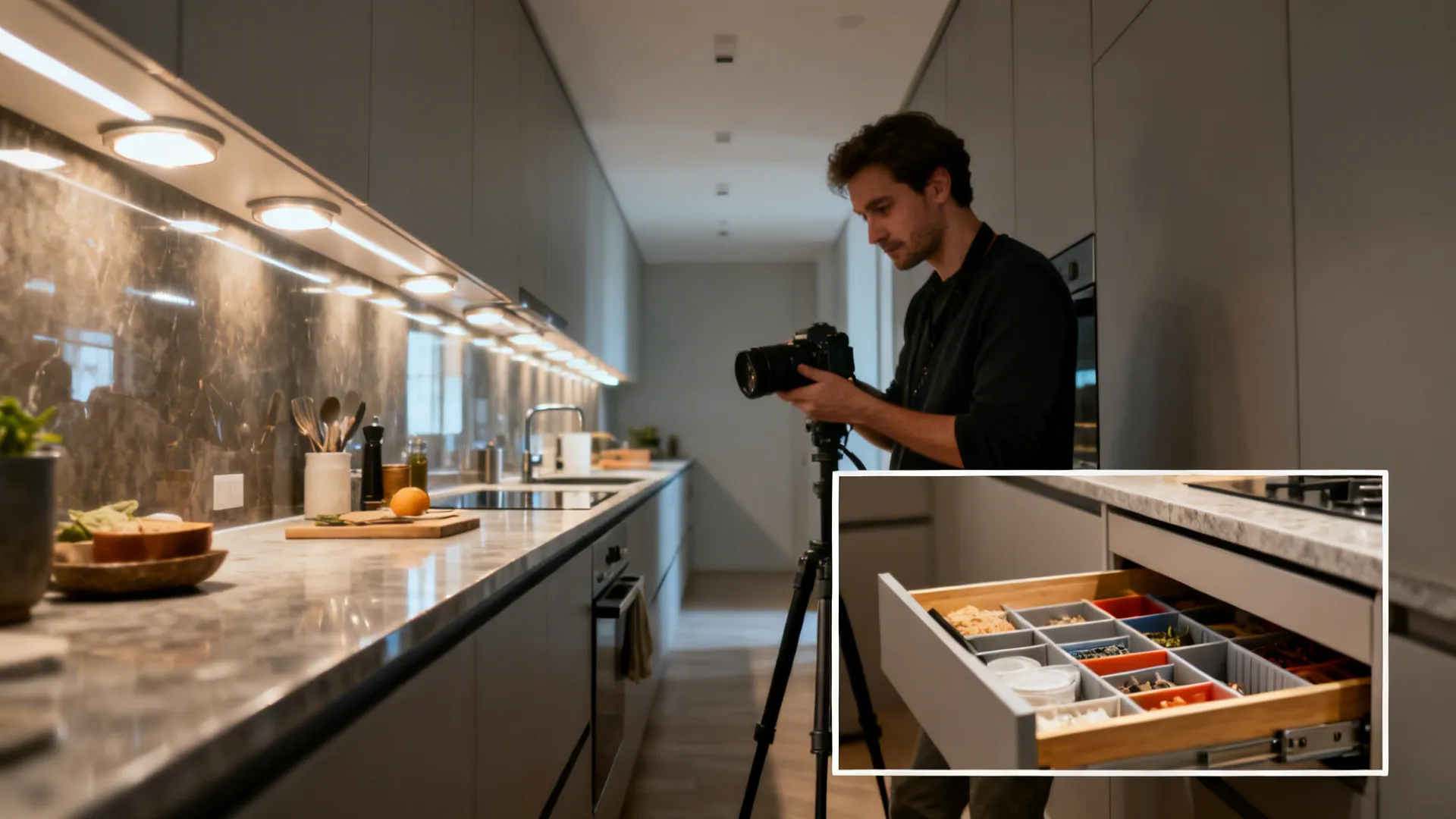 Photographer using camera on tripod in modern kitchen with marble counter and open storage drawer