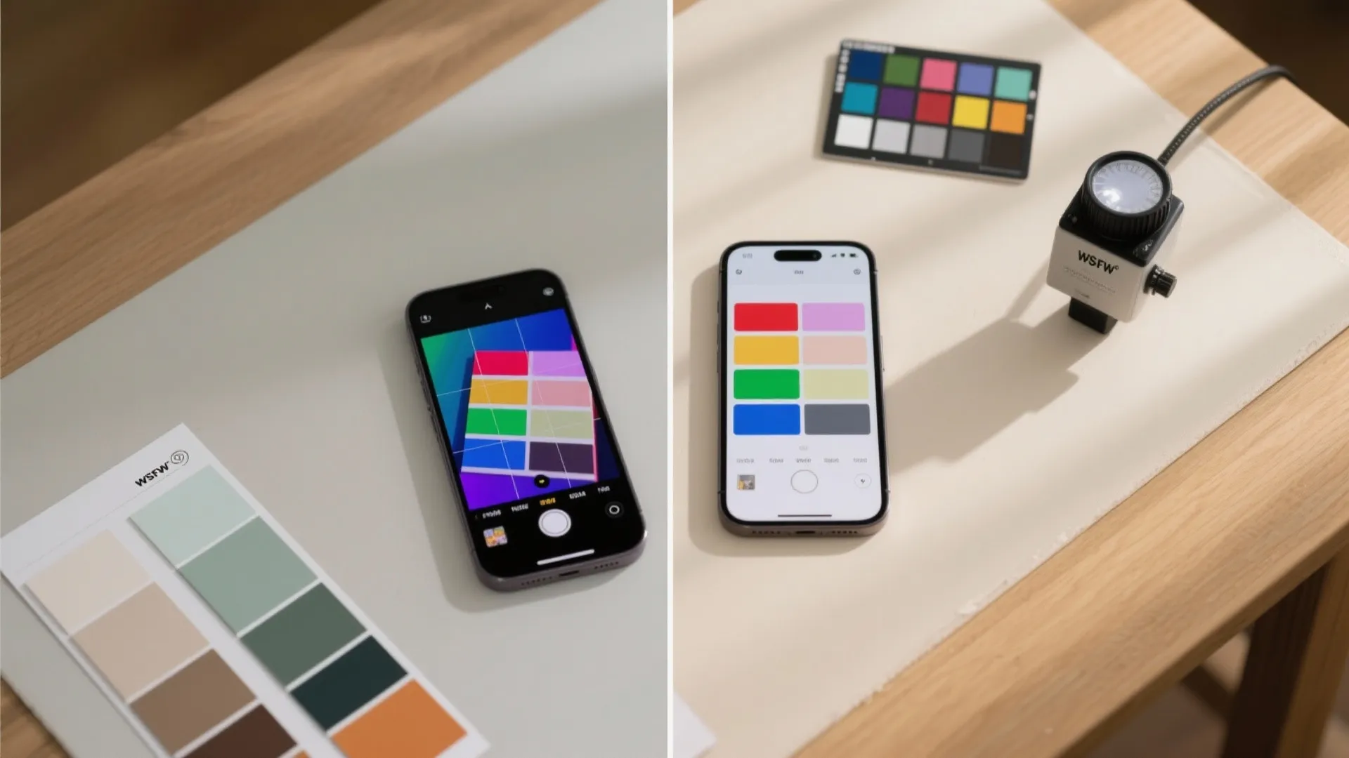 Smartphone screen displaying color palette next to physical color card and sensor on wooden desk