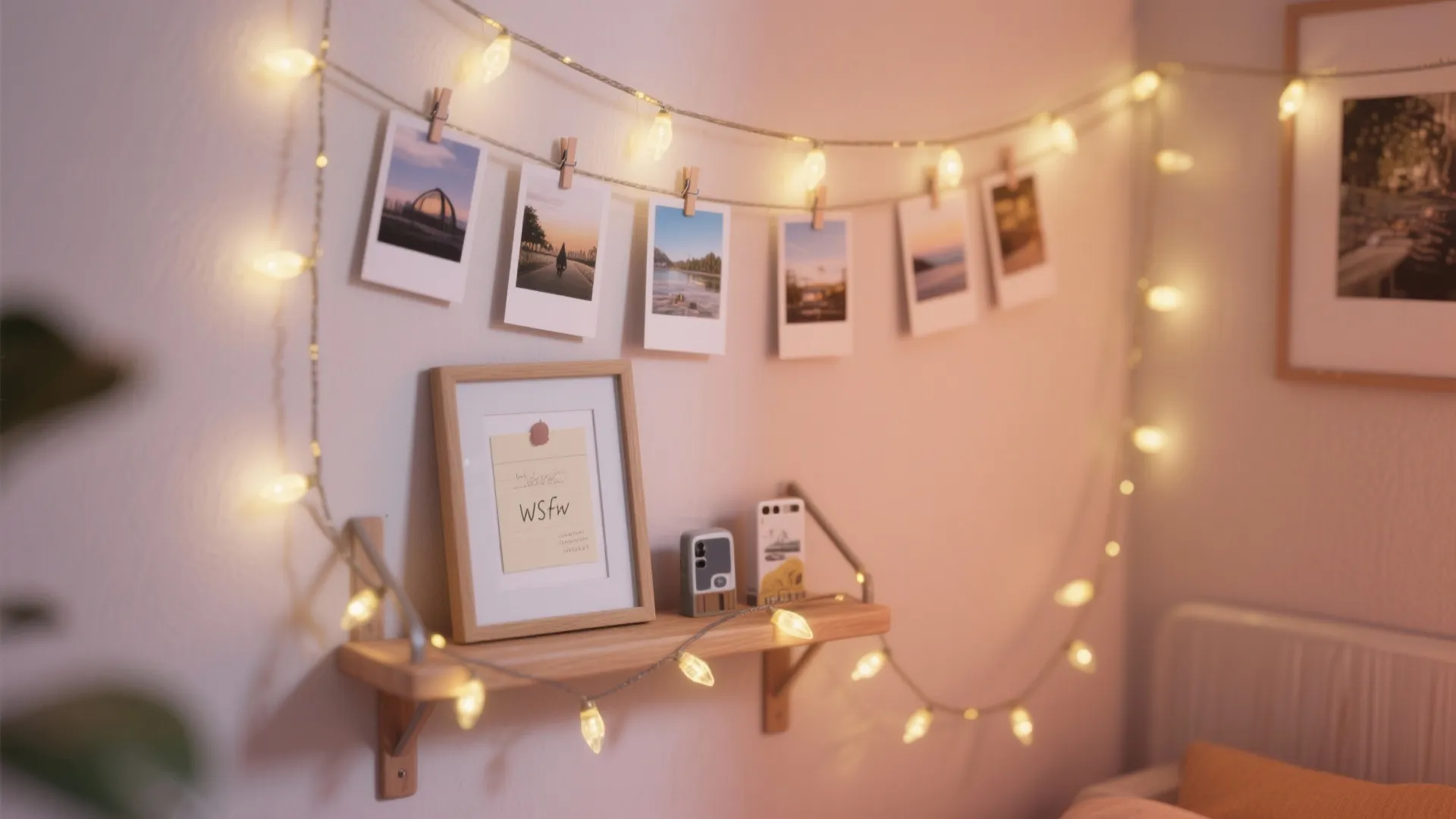 Wall with hanging photos on string lights above a small wooden shelf with picture frame