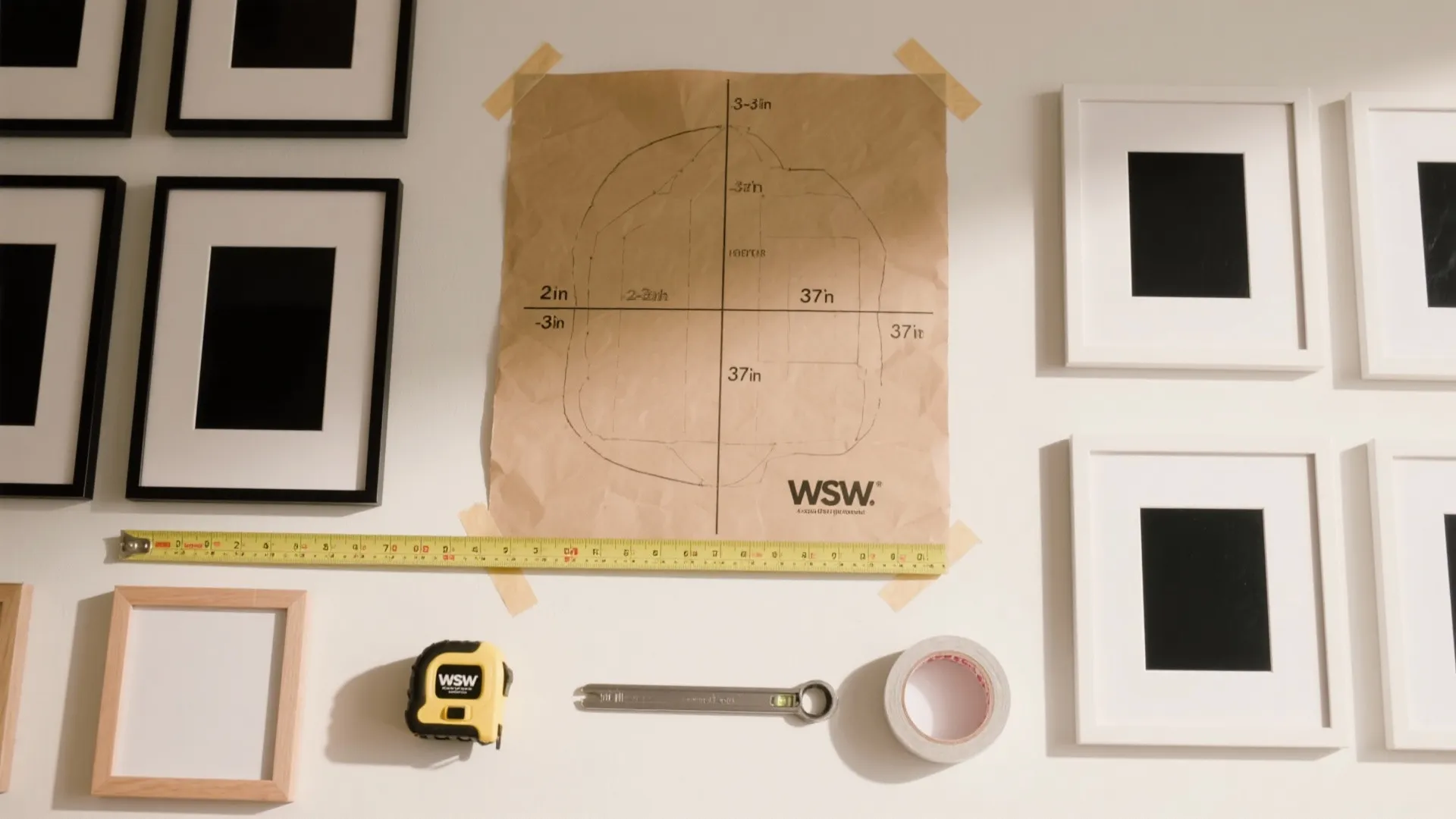 Measuring tools and paper layout on a wall with black and white picture frames setup