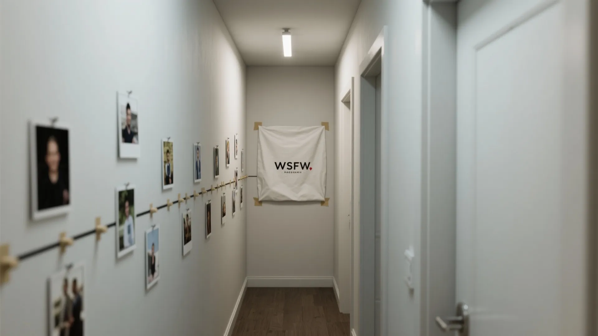 White hallway with a photo timeline on the wall leading to a white fabric sign