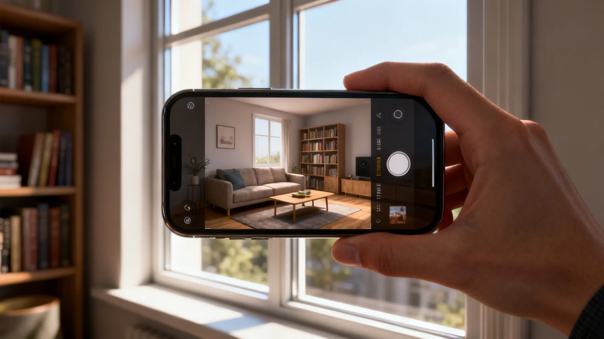 Person photographing a living room in natural light to check leather color relationships.