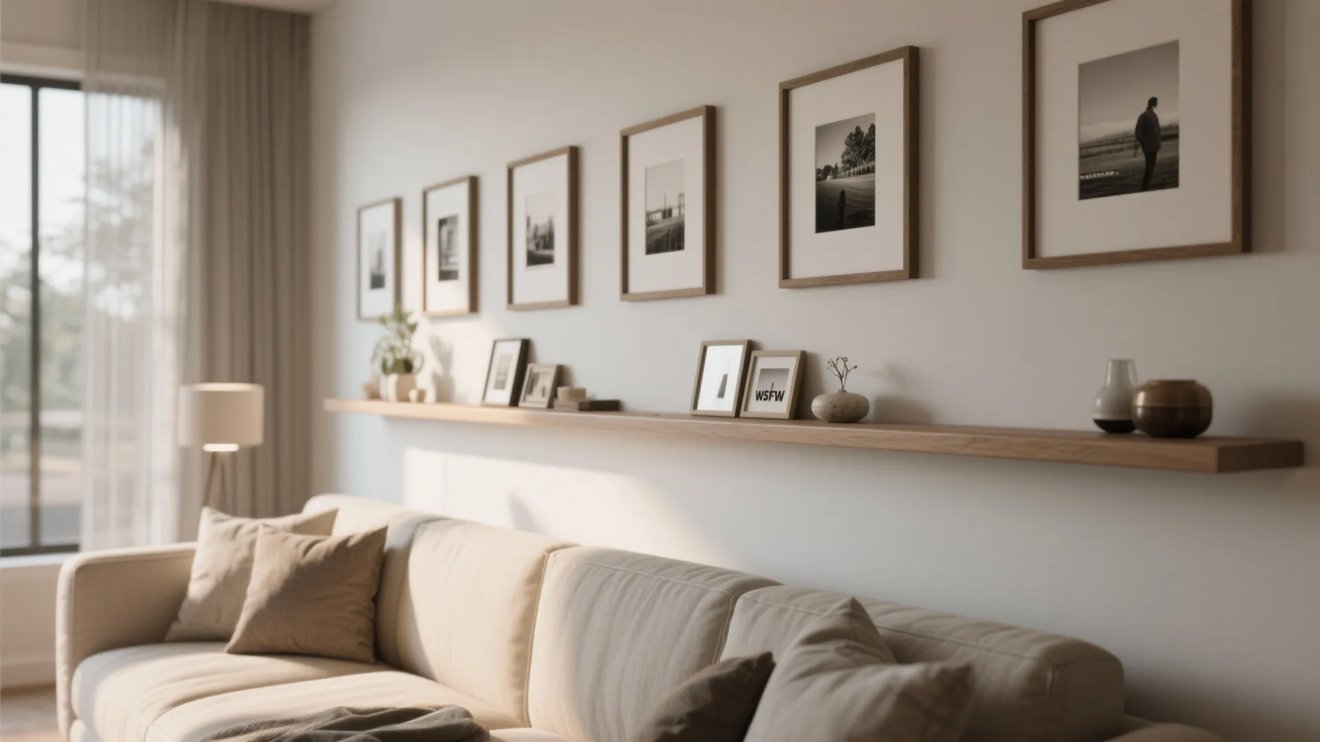 Narrow picture ledge above a sofa with horizontally aligned frames and small decor.