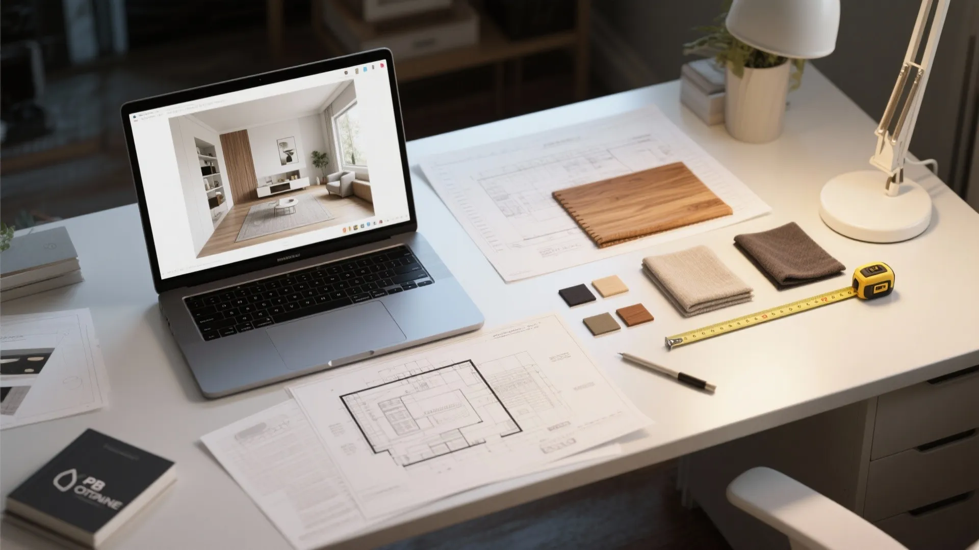 Top-down view of a designer desk with a laptop showing a photorealistic interior render, plans, and material swatches.