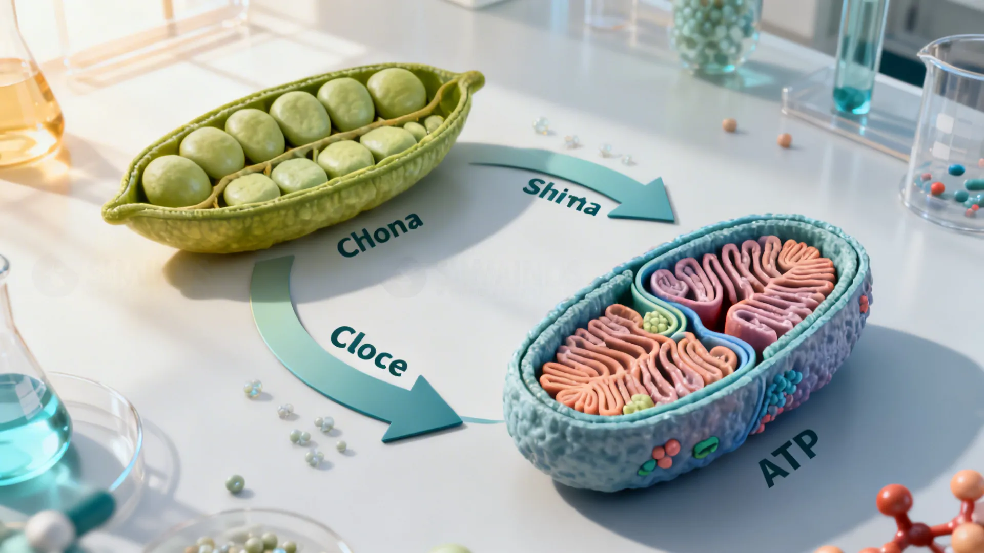 Top-down diagrammatic scene showing chloroplast making glucose flowing toward mitochondrion producing ATP.