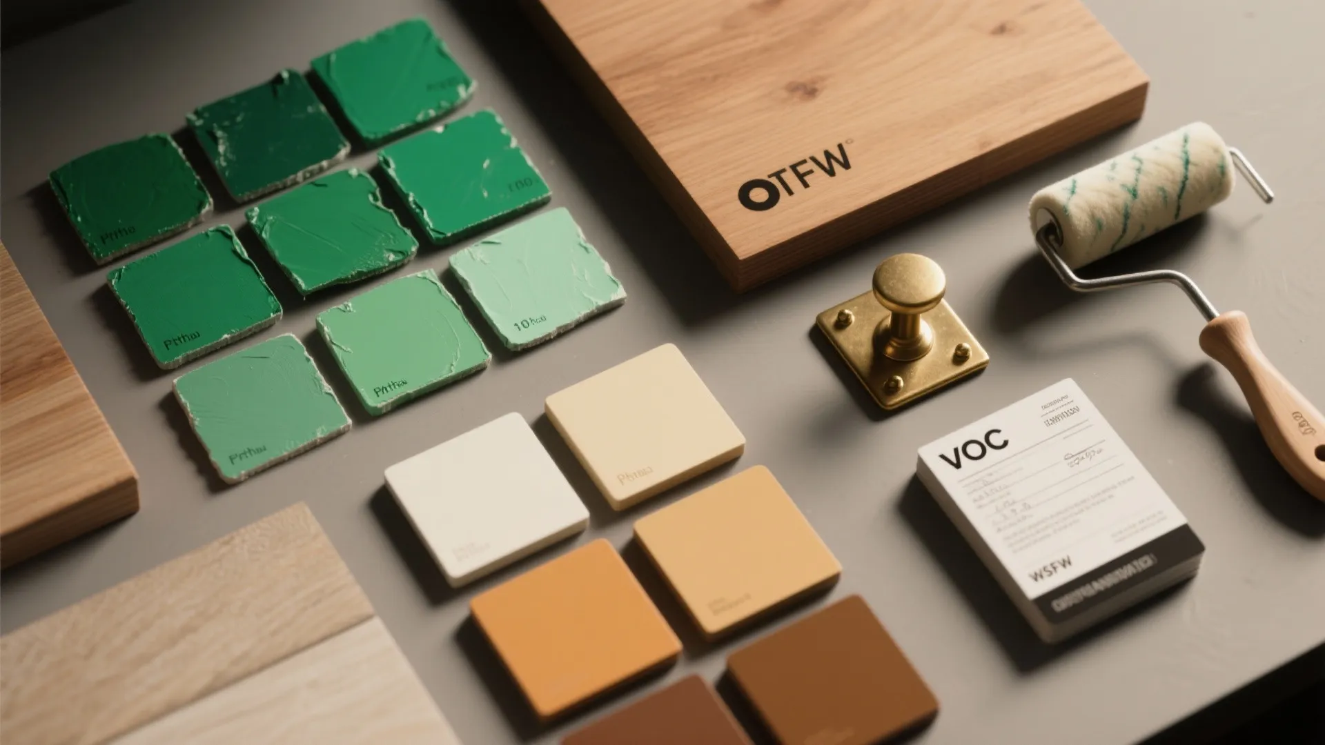 Top-down flatlay of phthalo green paint swatches, warm wood and brass samples, brushes and a VOC label for testing.