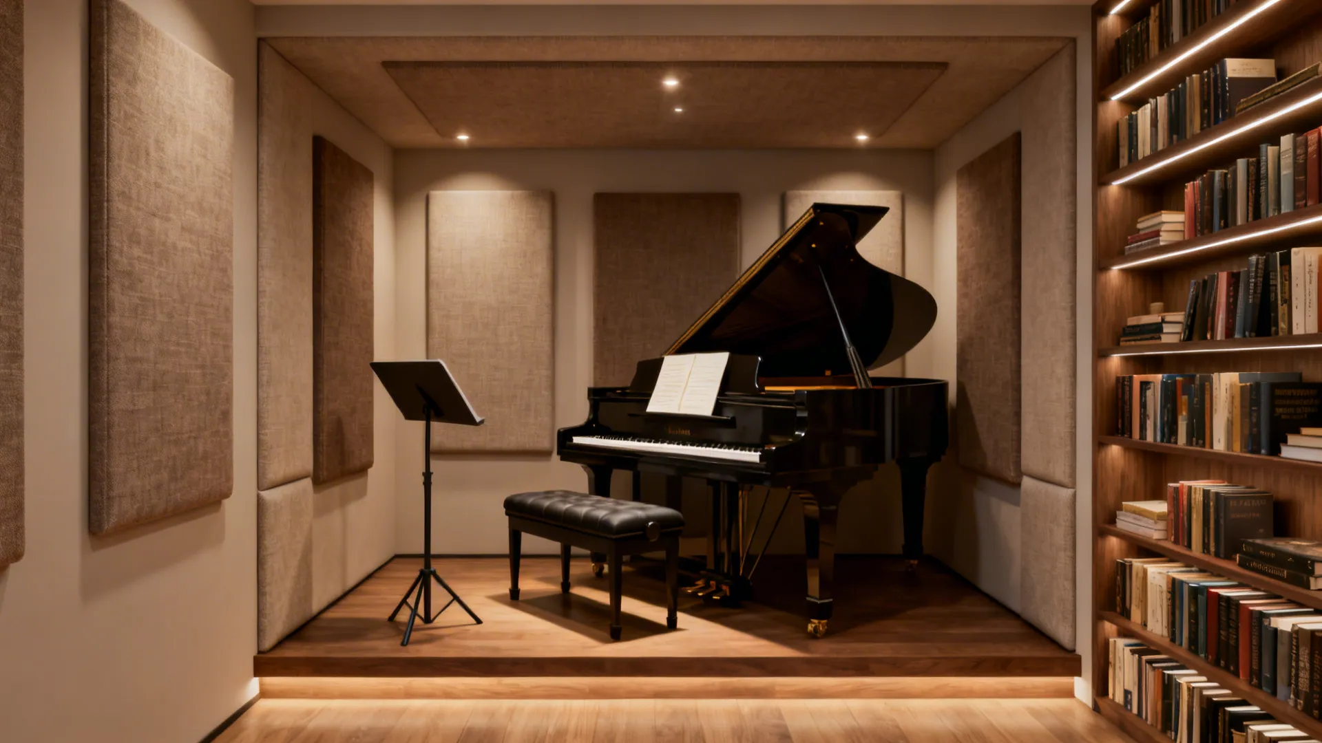 Dedicated piano nook with acoustic panels or bookshelves behind the instrument for better tone.