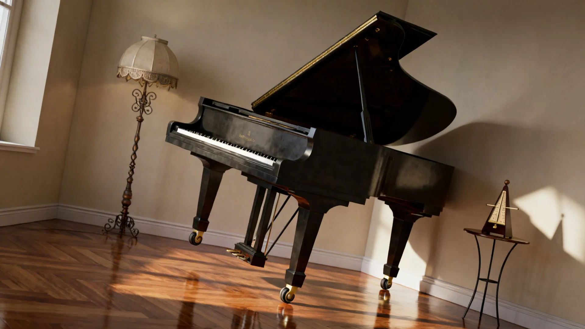 Baby grand piano positioned at an angle in a corner as a sculptural focal point.