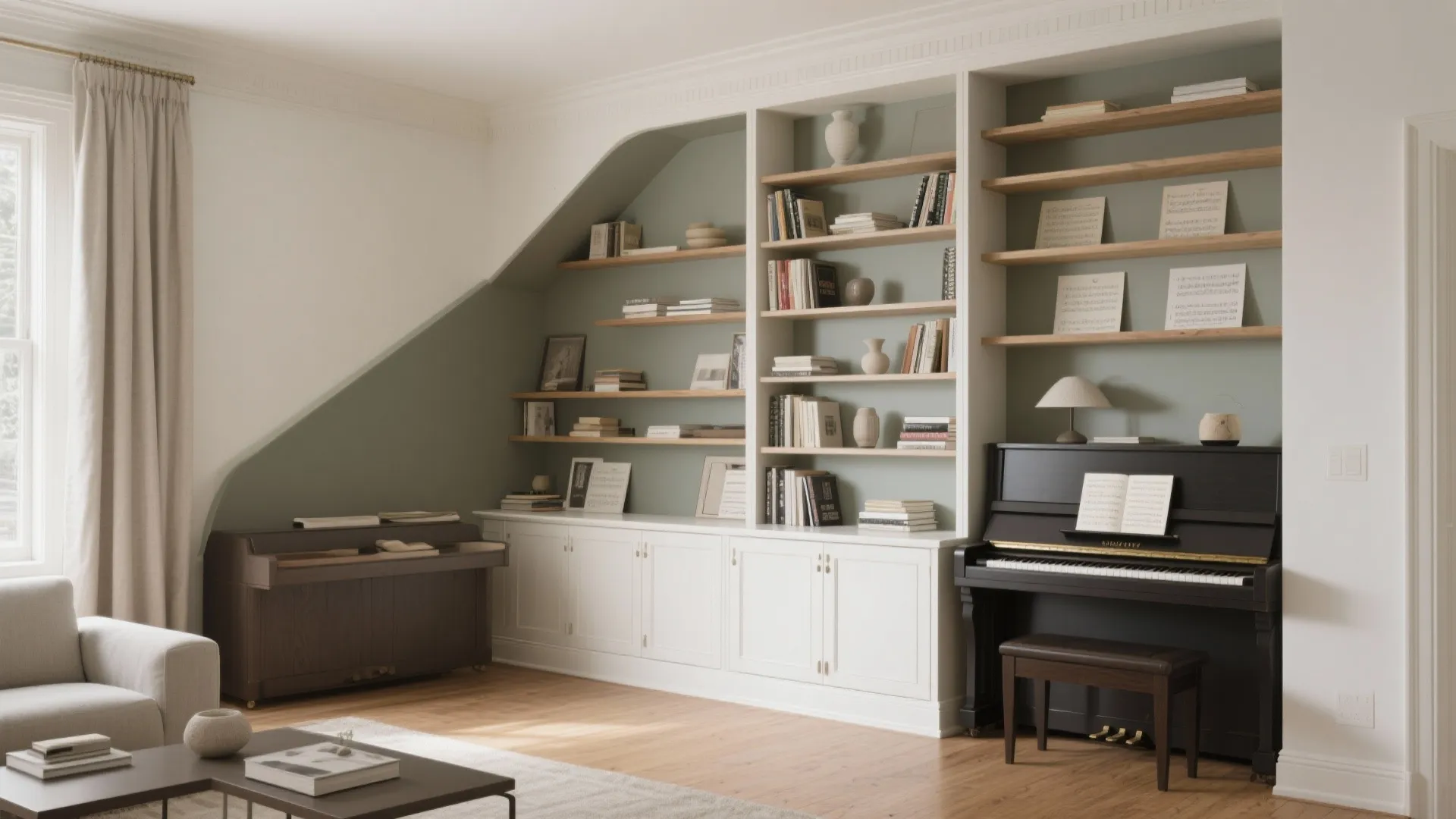 Asymmetrical built-ins hug a baby grand piano with low cabinets and taller shelves at the tail.